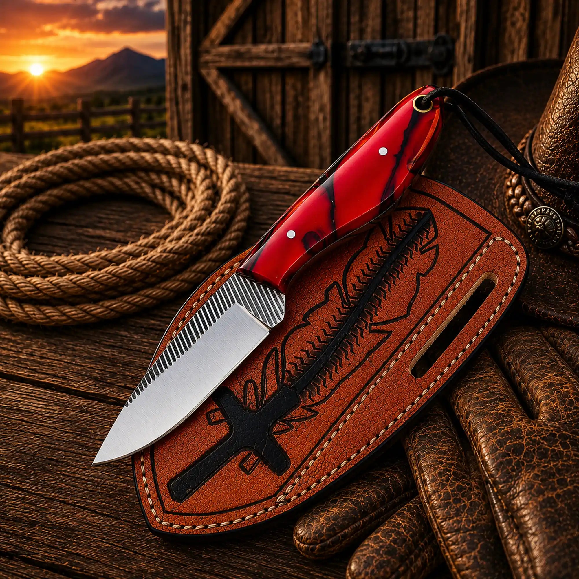 Handmade custom pancake sheath knife with rasp file blade and red epoxy resin handle