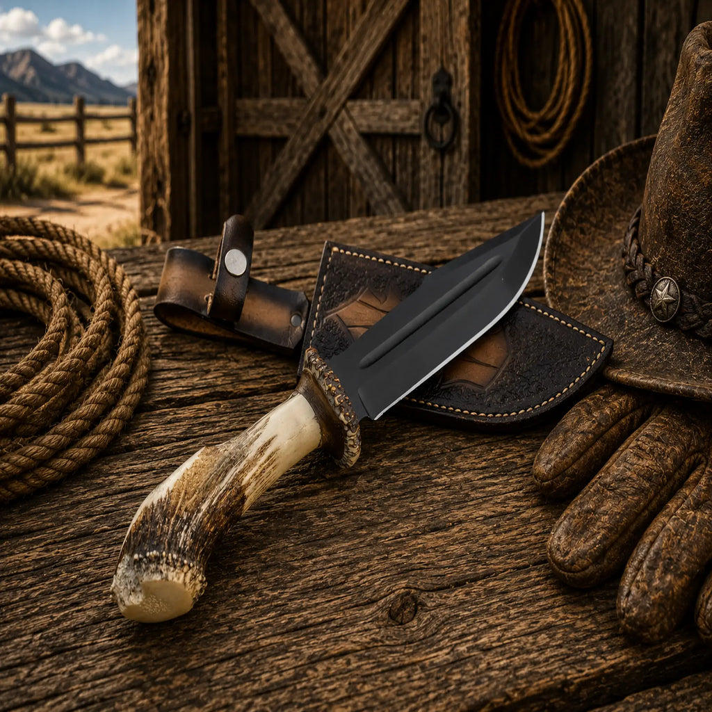 Handmade Bowie knife with stag horn and wood handle combination with leather sheath