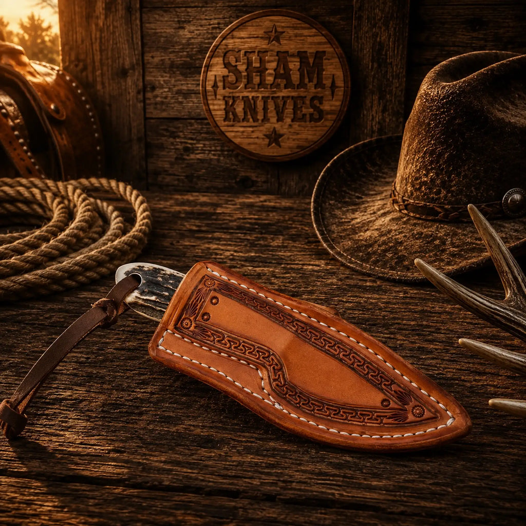 Handmade D2 steel skinning knife with natural stag horn and turquoise handle