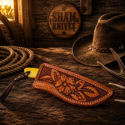 Handmade D2 steel skinning knife with coloured-bone handle and brass bolster