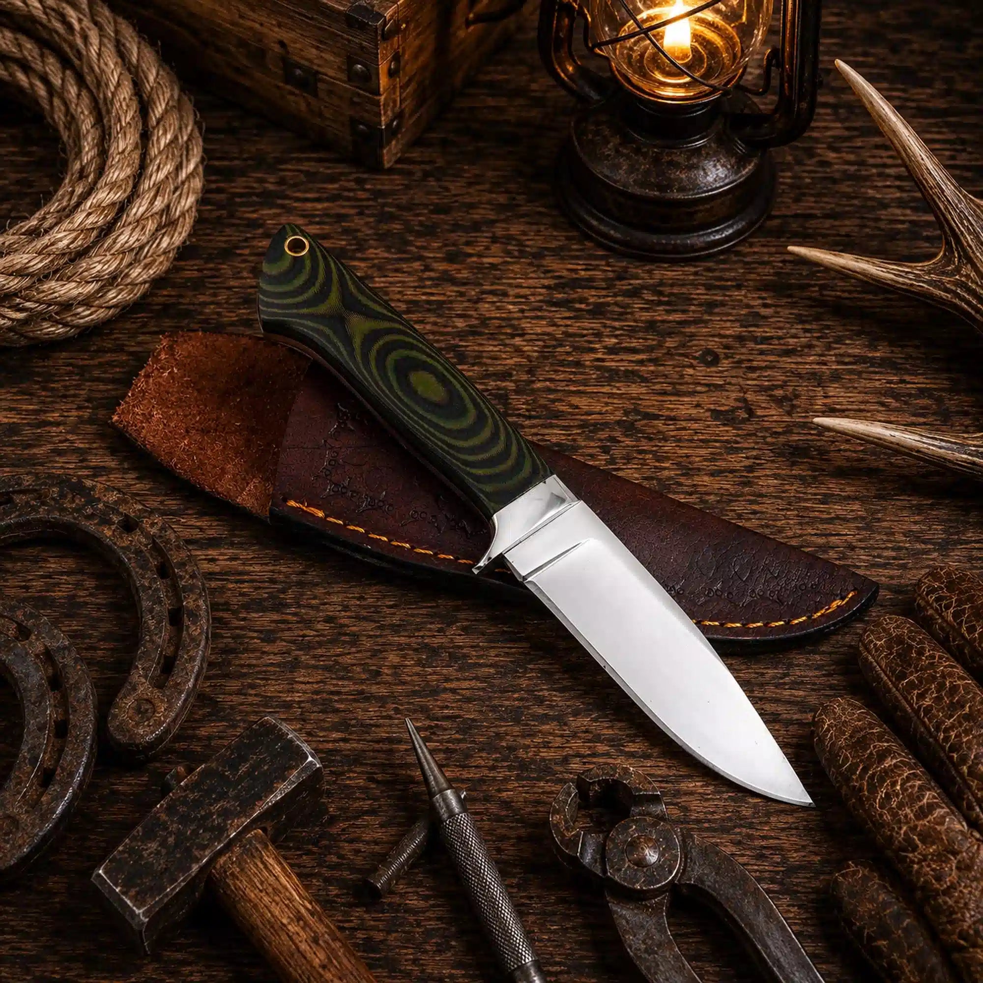 D2 camping knife with black and green G10 Micarta handle