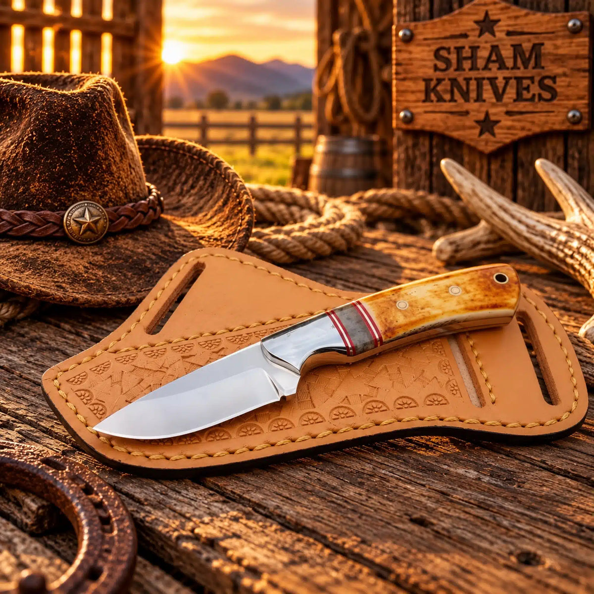 D2 cowboy skinner knife with a burnt bone handle resting on a tan tooled leather sheath
