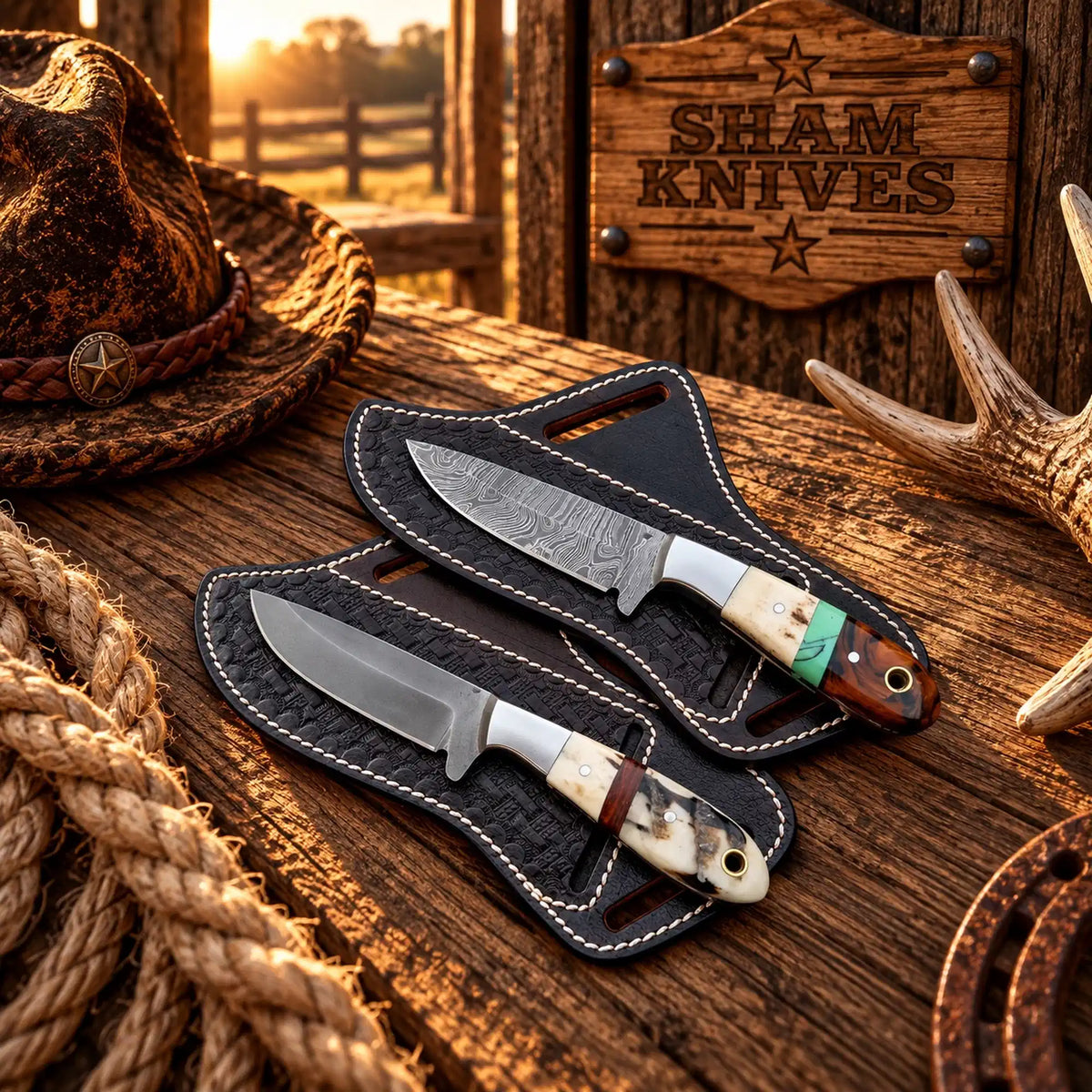 Compact cowboy working knife pair with D2 and Damascus steel blades