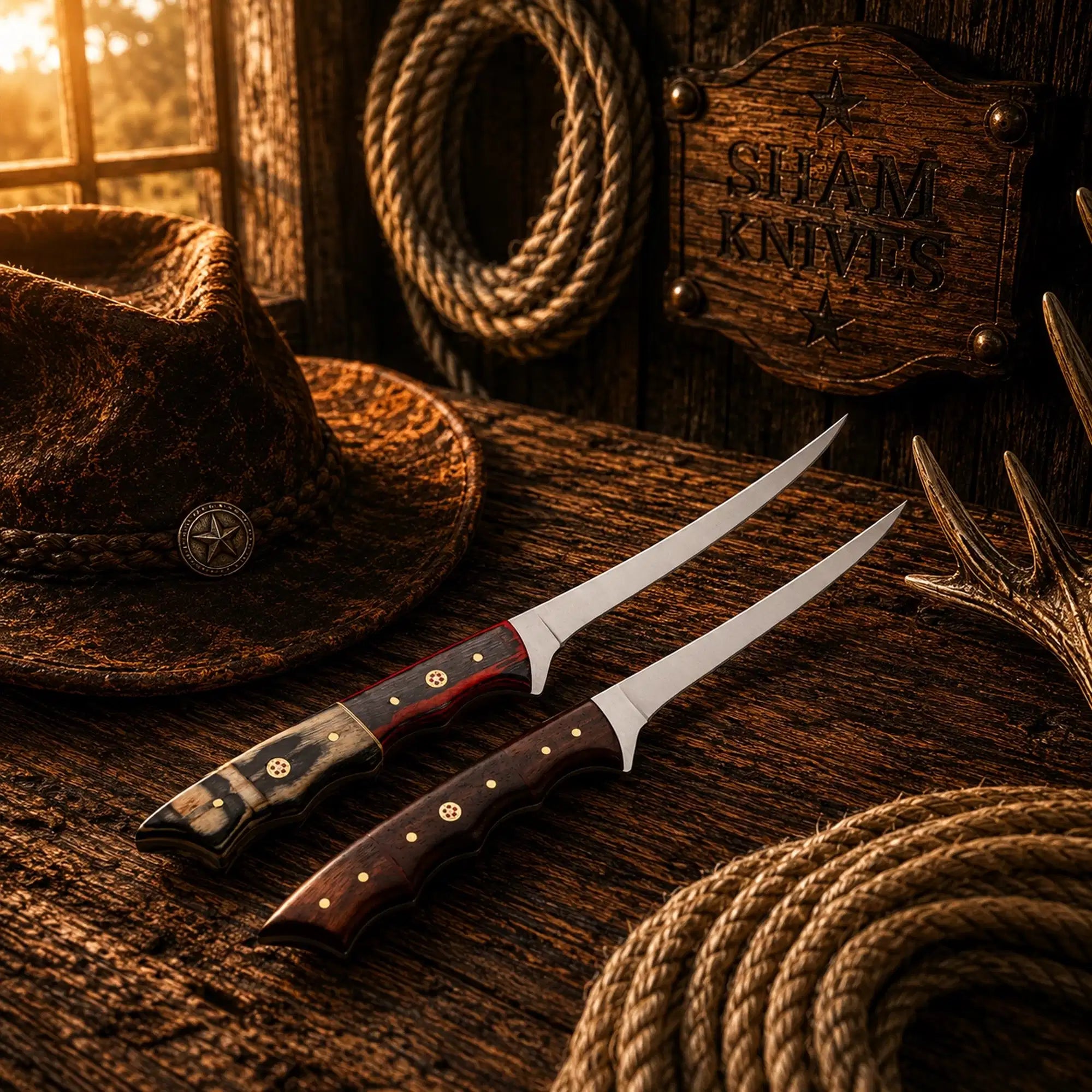 Two piece D2 fishing knife set with handmade wood handles