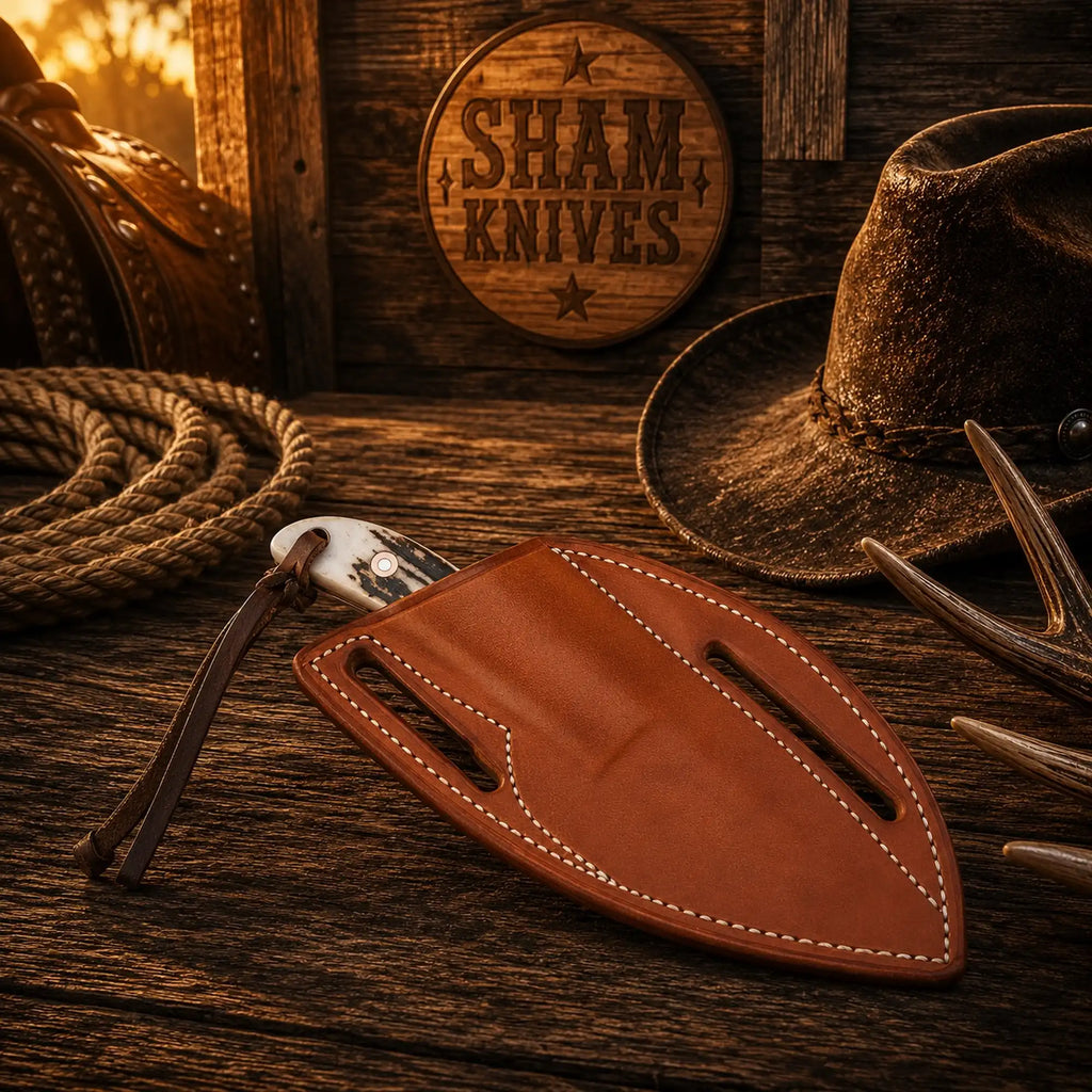 Full tang D2 Buckaroo knife displayed with a brown leather belt sheath