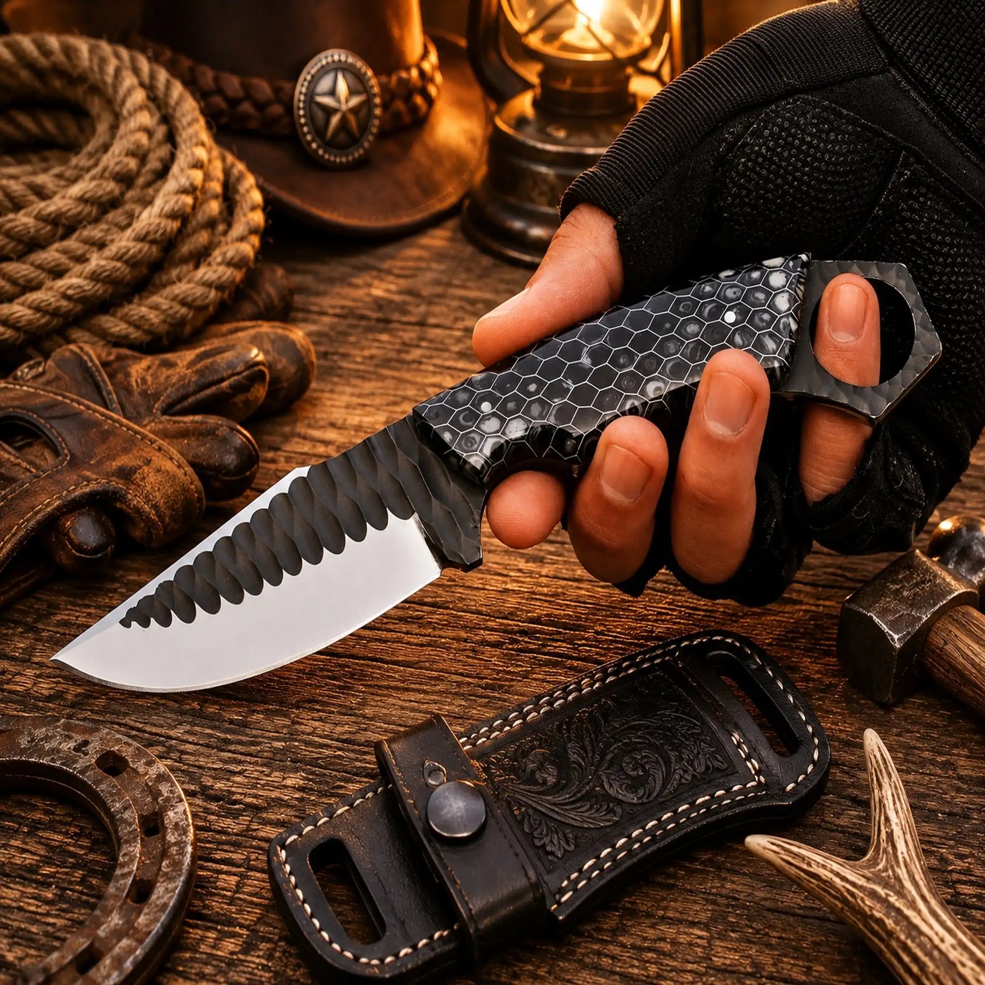D2 fixed blade hunting knife with horizontal leather belt sheath