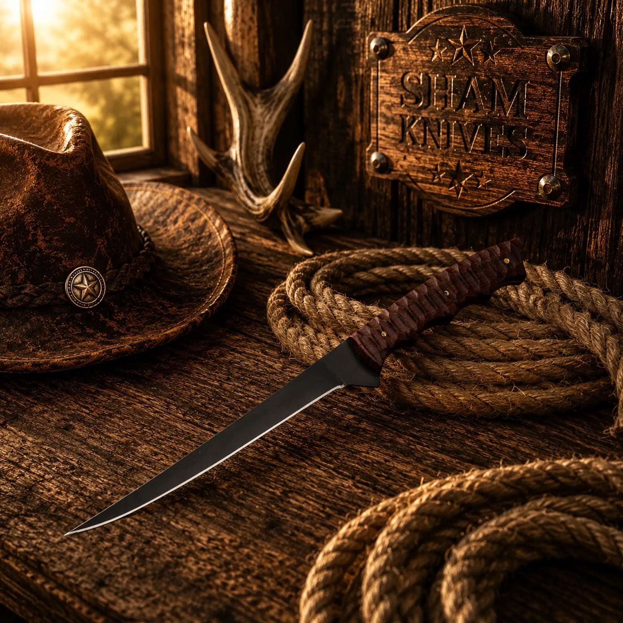 D2 powder coated fillet knife with ridged rosewood handle