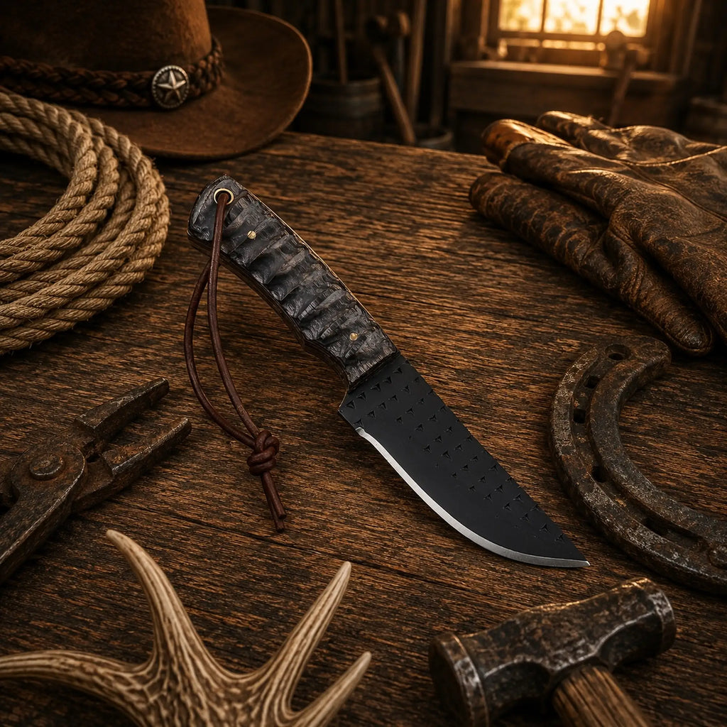 Handmade Western fixed-blade knife with black D2 steel blade and horizontal leather sheath.