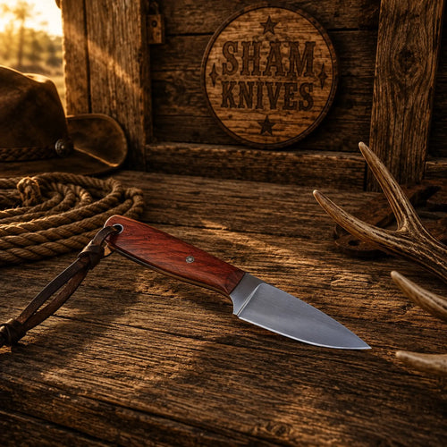 Compact D2 steel Buckaroo knife featuring a reddish hardwood grip