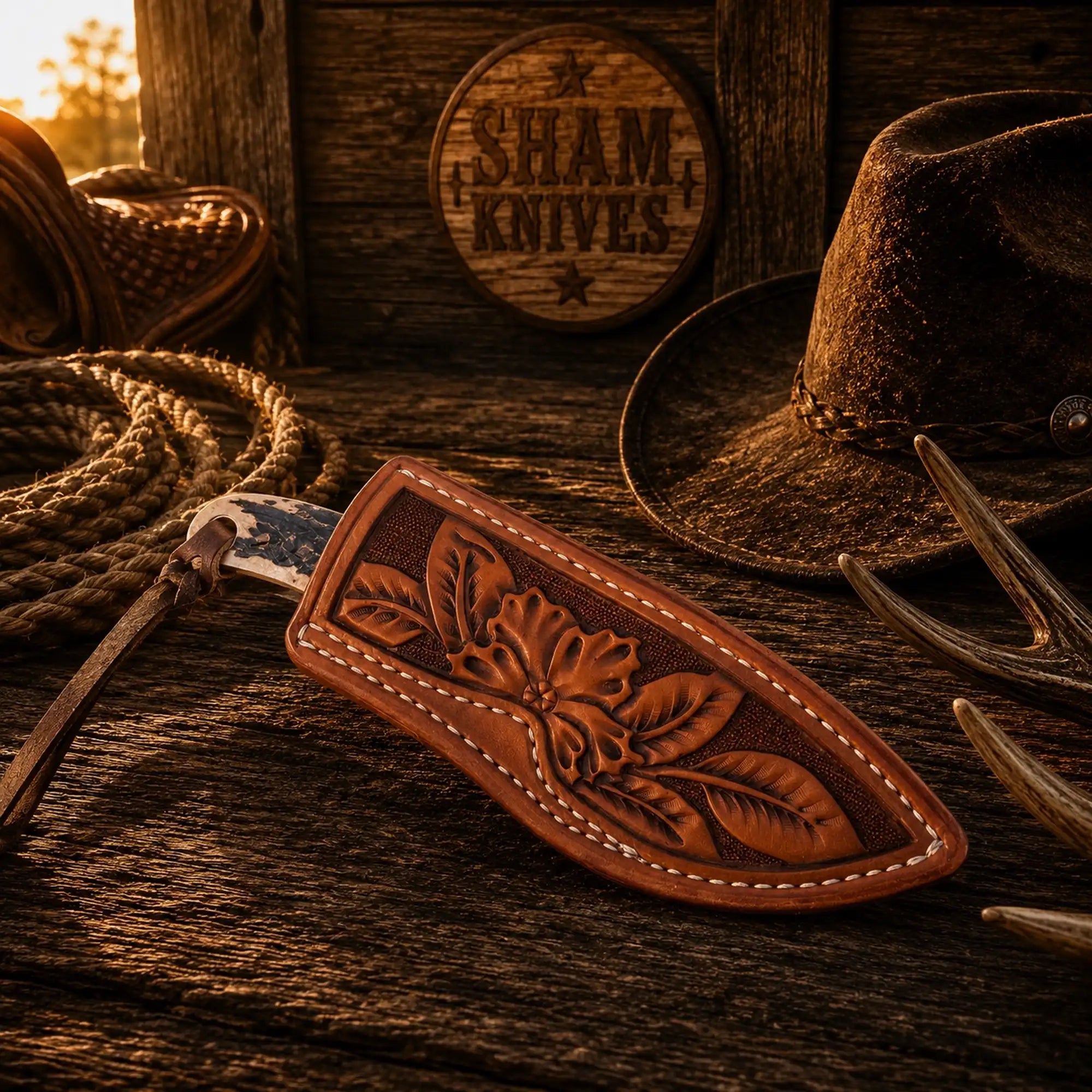 Handmade D2 steel knife with natural stag horn and turquoise-trail inlay