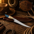D2 steel fillet knife with bone and exotic wood handle and leather sheath