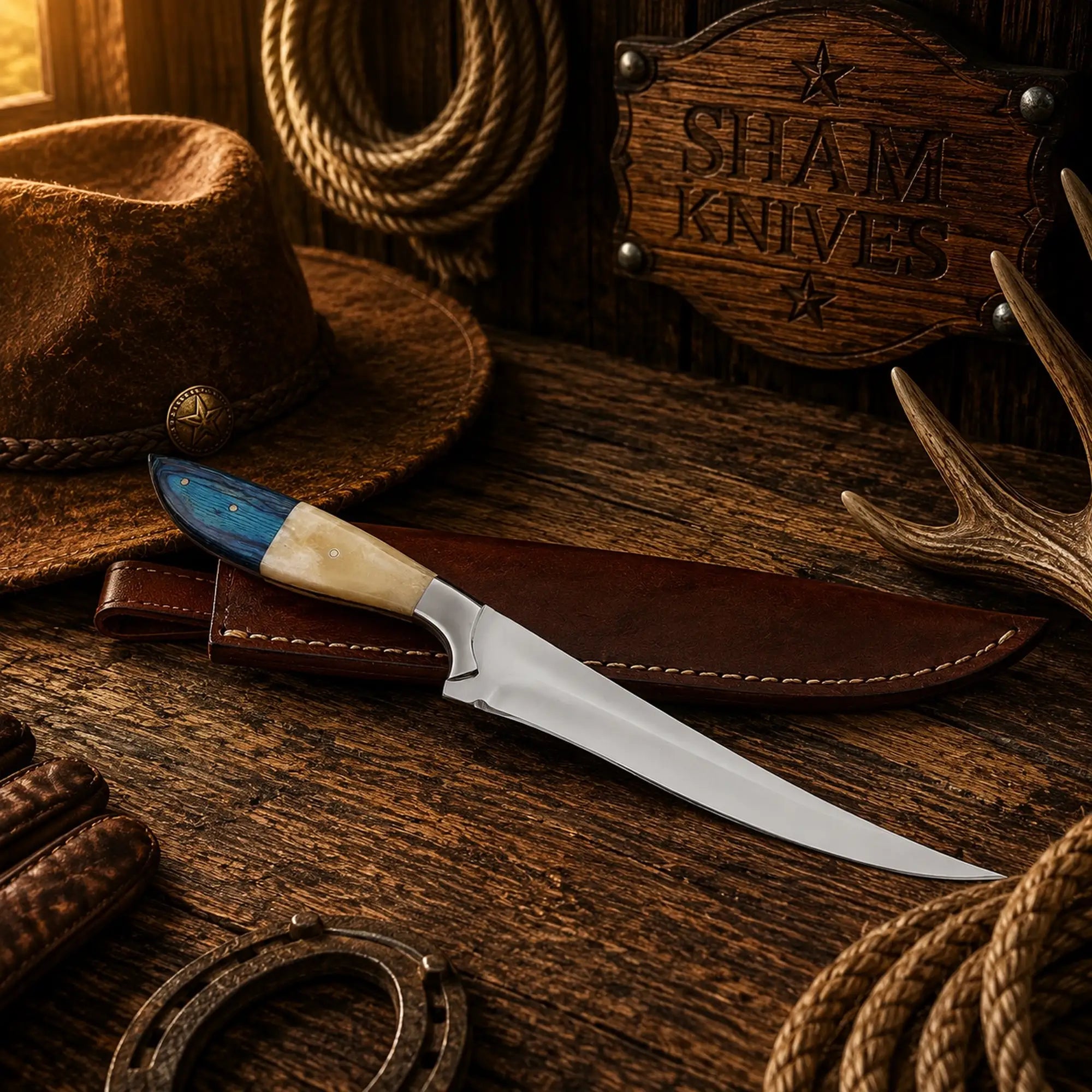 D2 steel fillet knife with bone and exotic wood handle and leather sheath