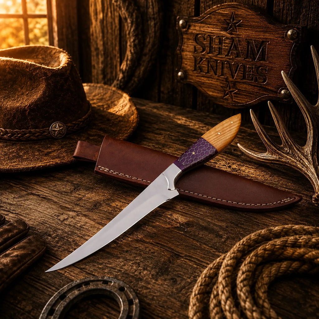 D2 steel fillet knife with purple honeycomb and ash wood handle