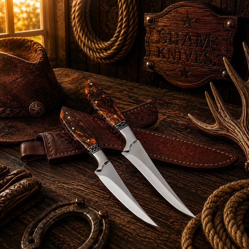Handmade D2 fishing knife set with brown resin handles and leather sheaths