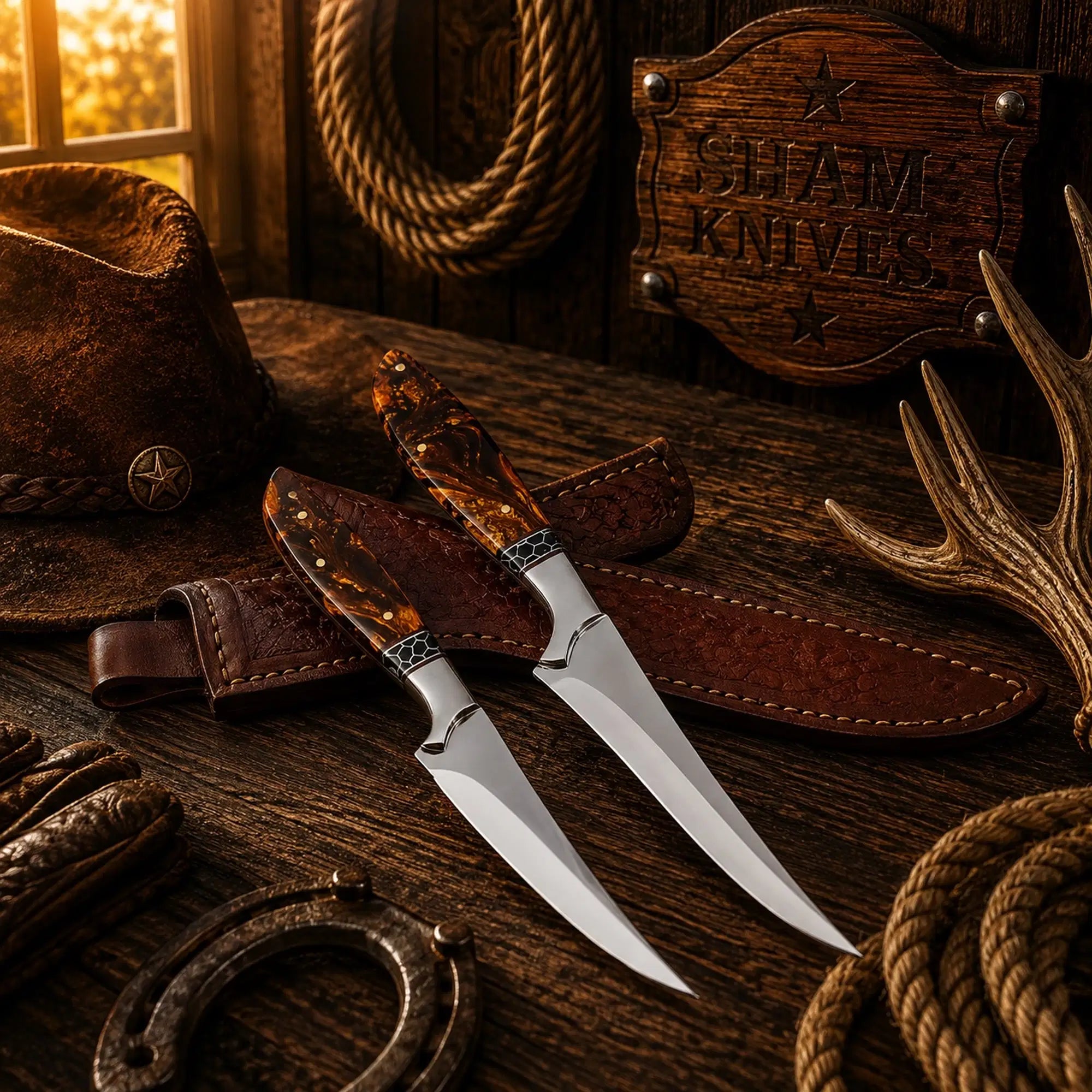 Handmade D2 fishing knife set with brown resin handles and leather sheaths