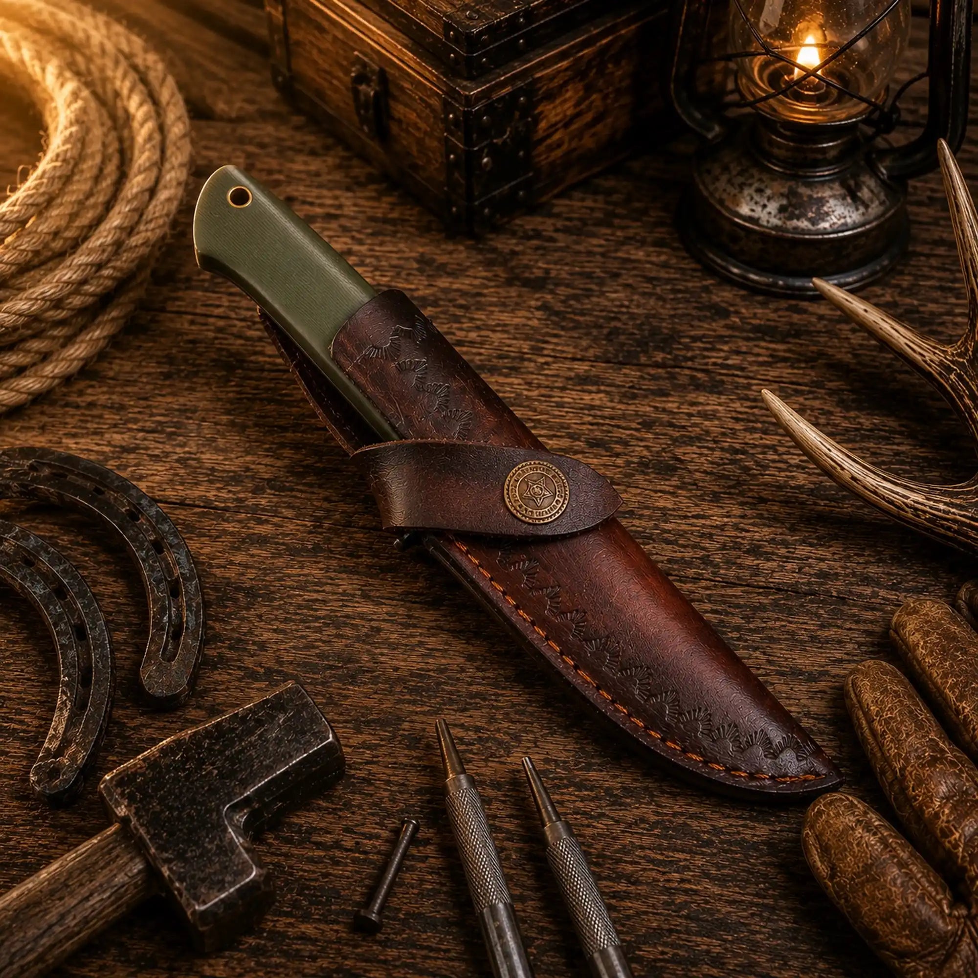 D2 steel drop point hunting knife with olive green Micarta handle