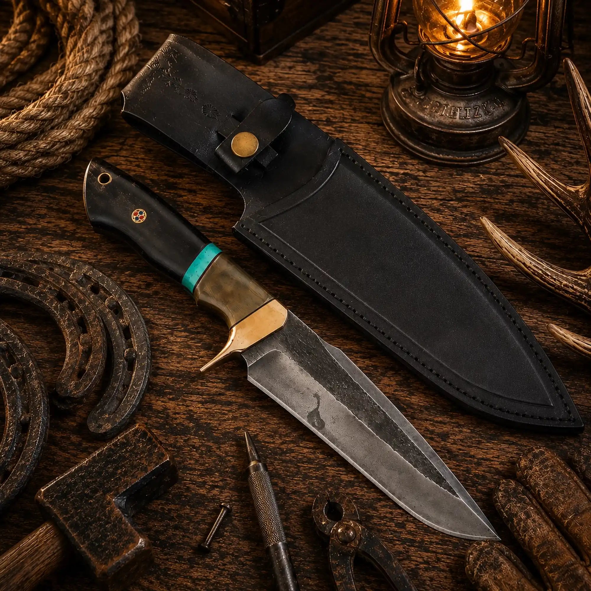 D2 fixed blade outdoor knife with turquoise stone and ram horn handle