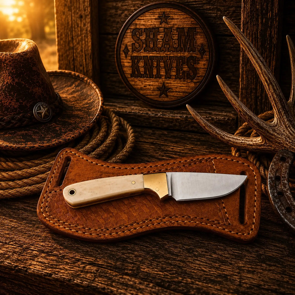 Handmade D2 steel ranch knife with natural bone and brass bolster