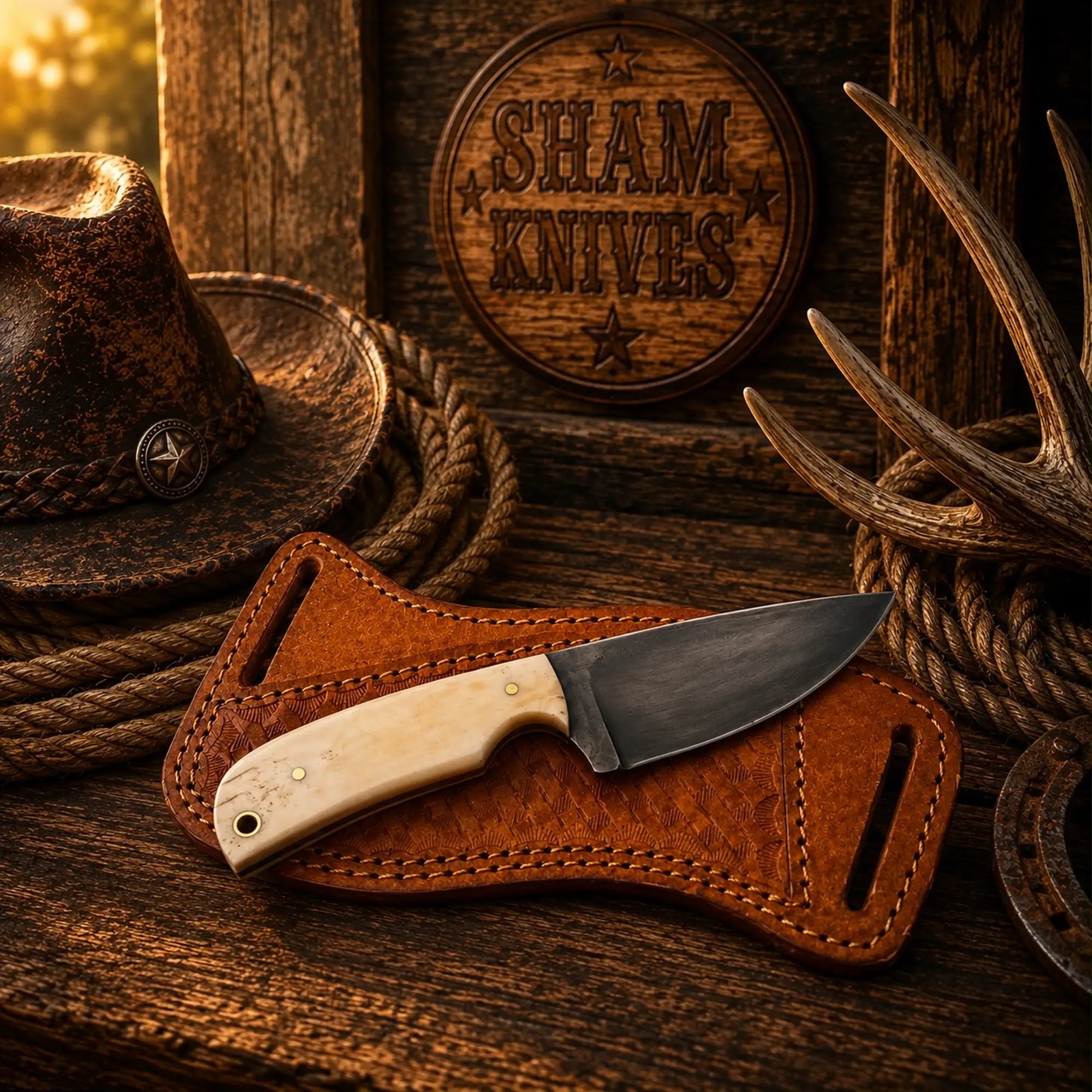 Handmade Western ranch knife with natural bone handle and brass pins