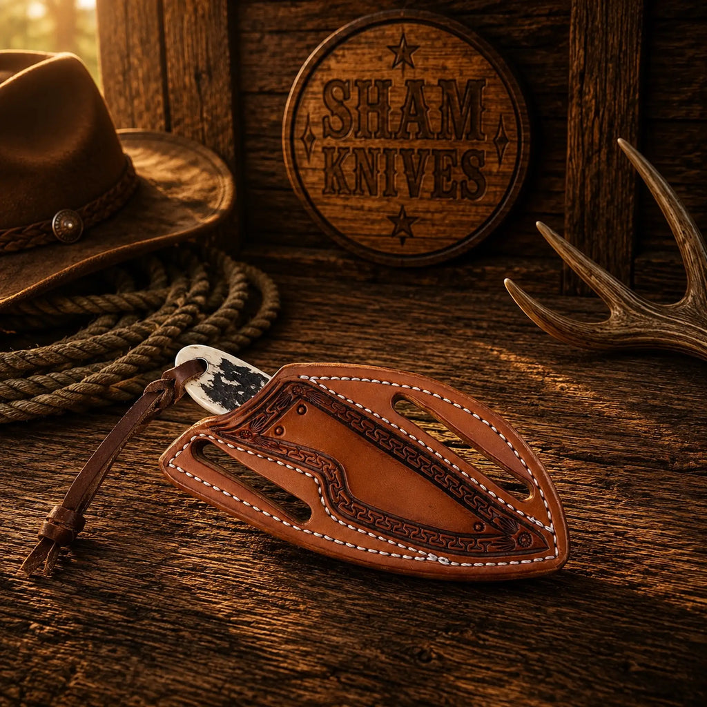 Handmade D2 steel ranch knife featuring a natural stag horn grip