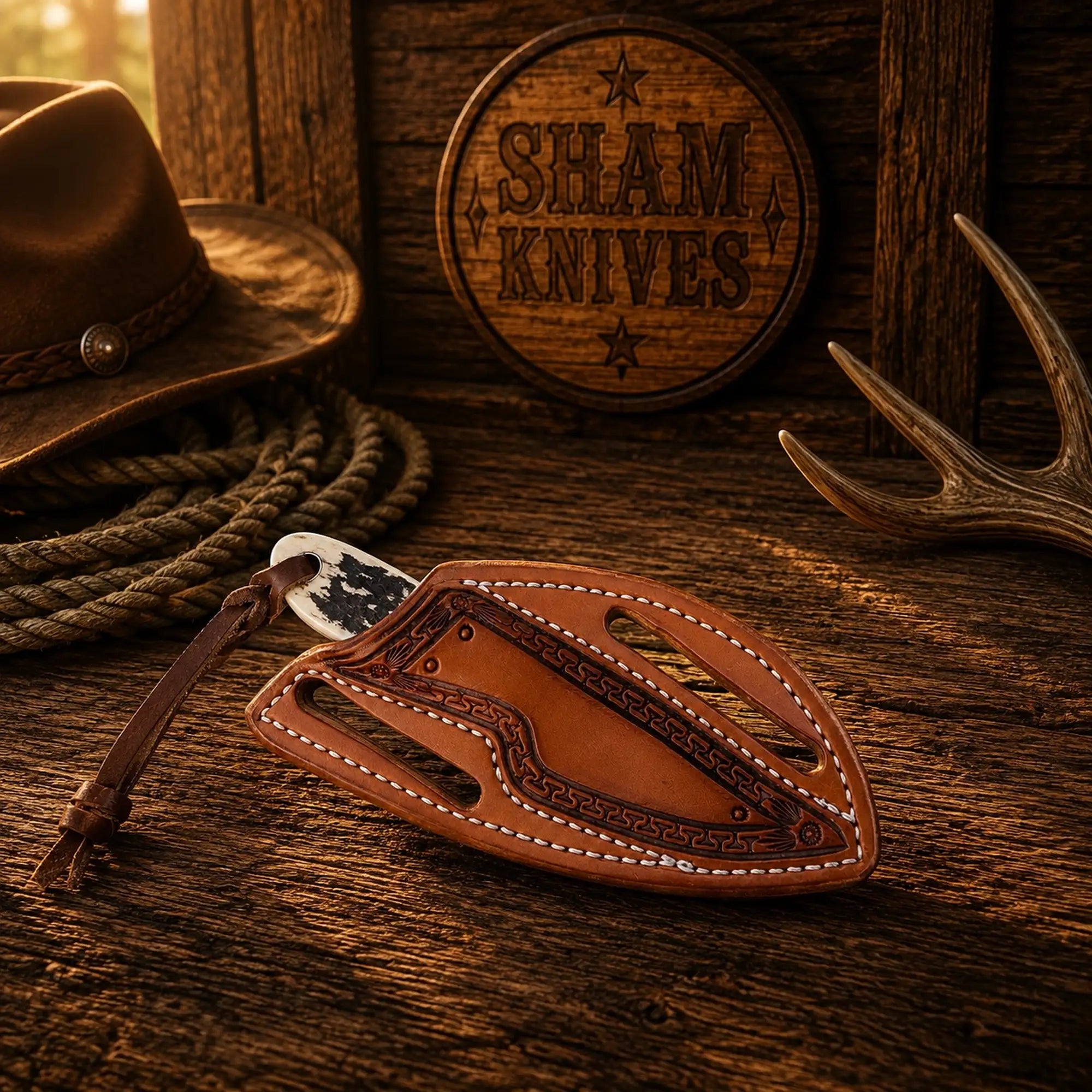Handmade D2 steel ranch knife featuring a natural stag horn grip
