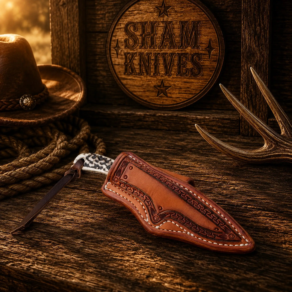 Handmade D2 steel ranch knife with natural stag horn and purple resin inlay