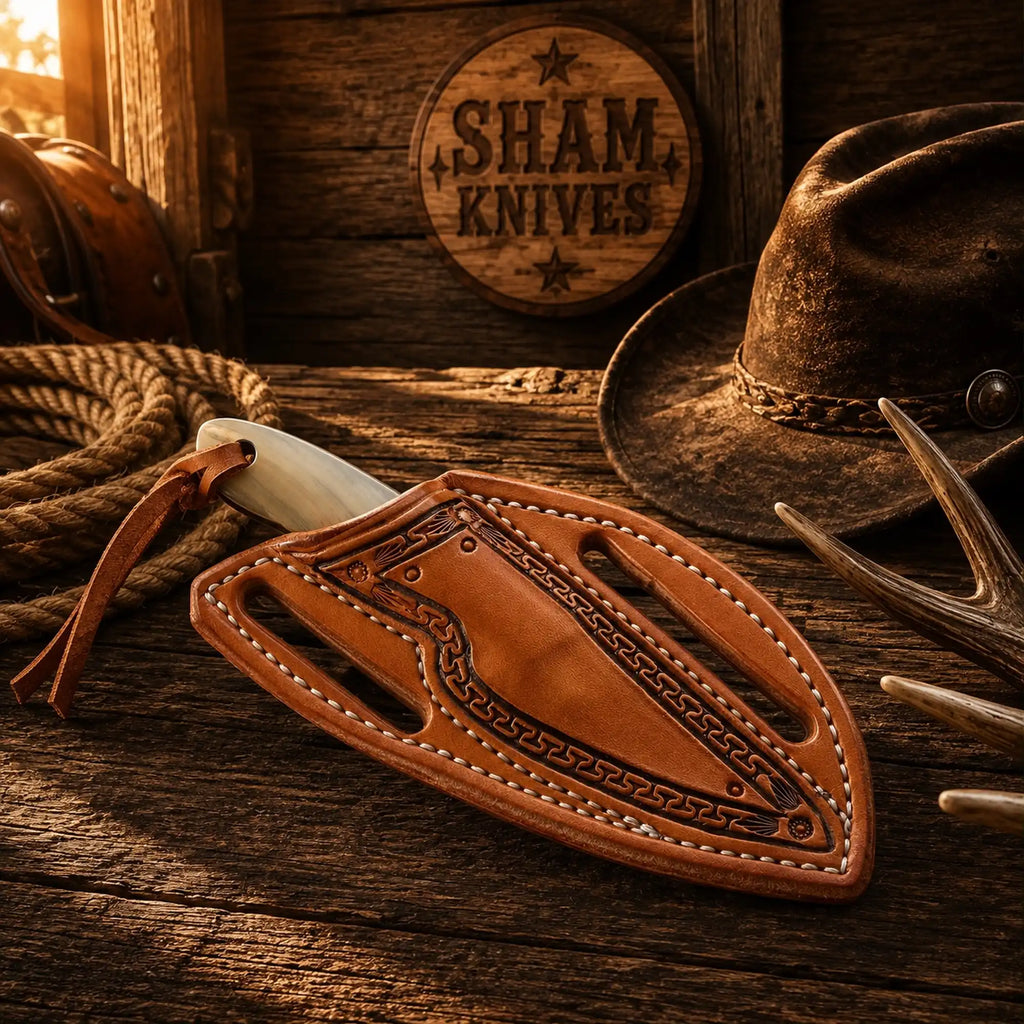 Handmade D2 steel skinning knife featuring a genuine sheep horn grip