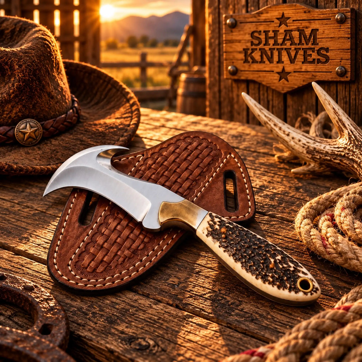 D2 steel Western hook knife with textured antler handle and leather sheath

