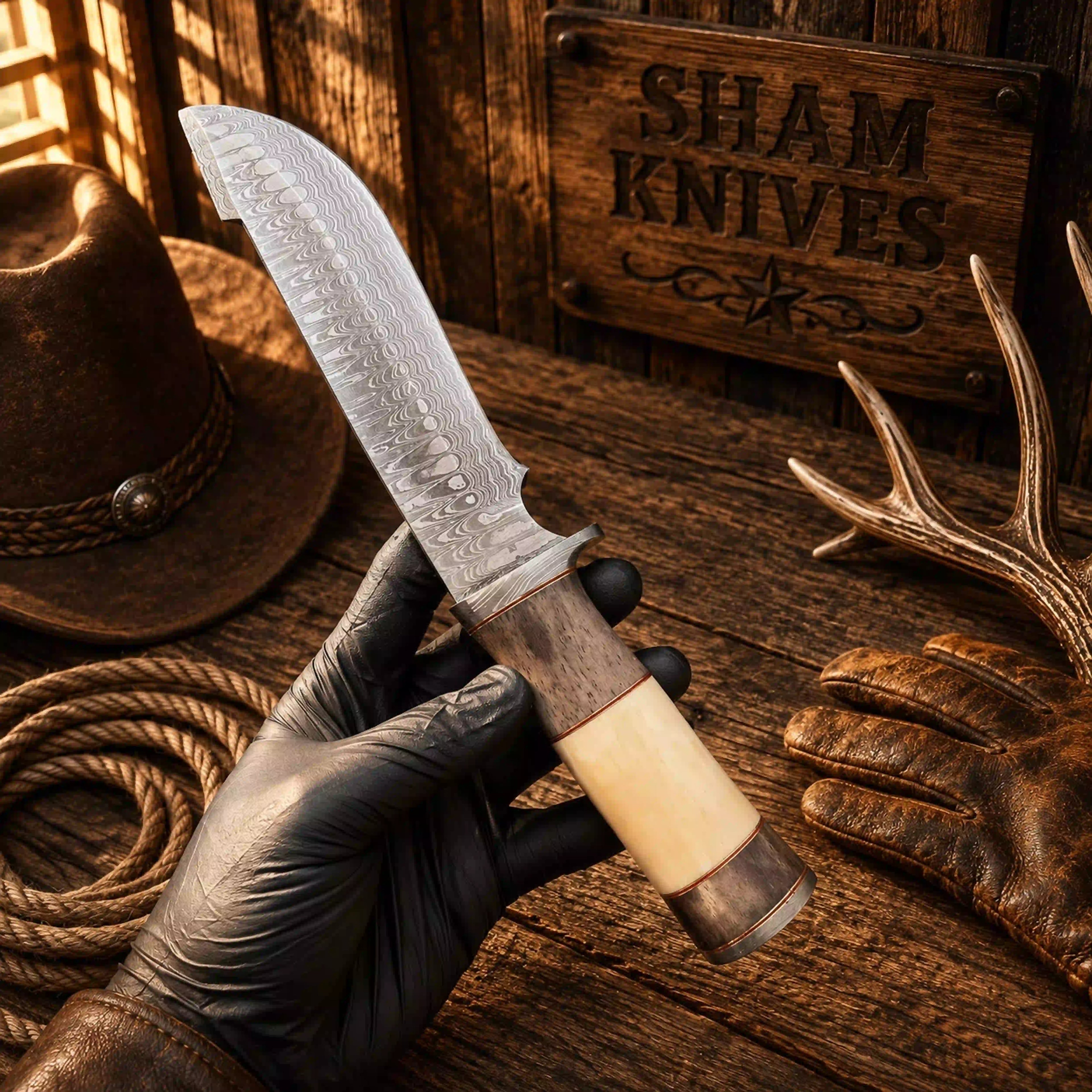 Handmade Damascus Bowie featuring an 8-inch upswept trailing-point blade