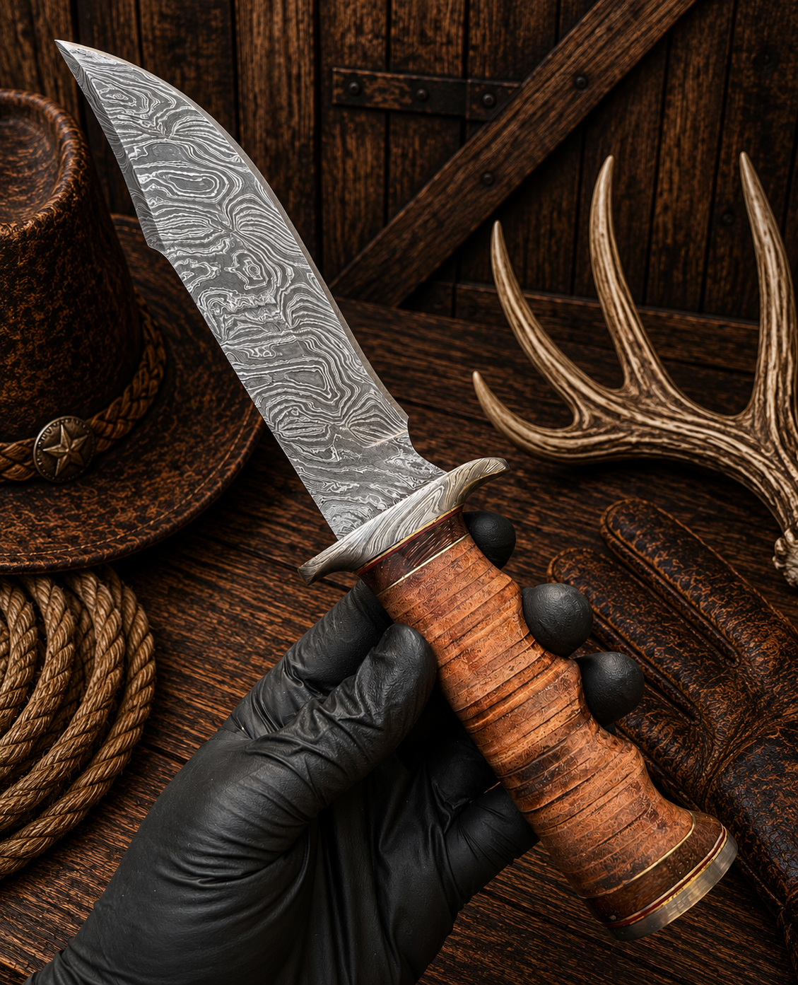 Large 13.5-inch Bowie knife with an 8.5-inch Damascus steel blade