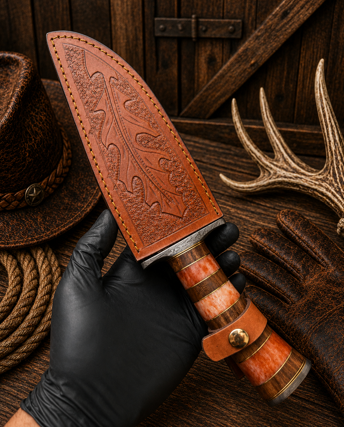 Bone and wood handle Bowie knife with brown oak-leaf leather sheath