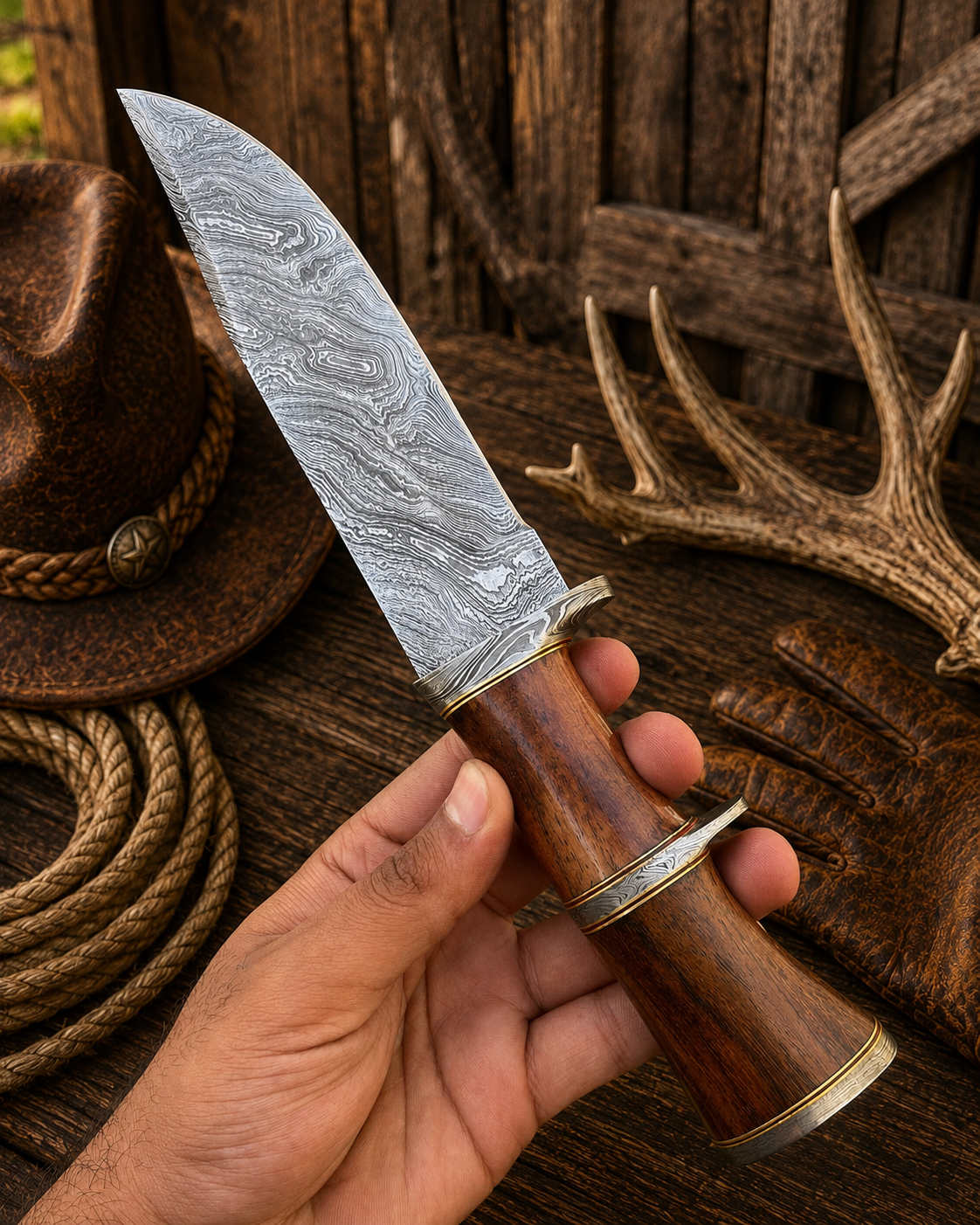 Handmade Damascus Bowie featuring two patterned guard fittings