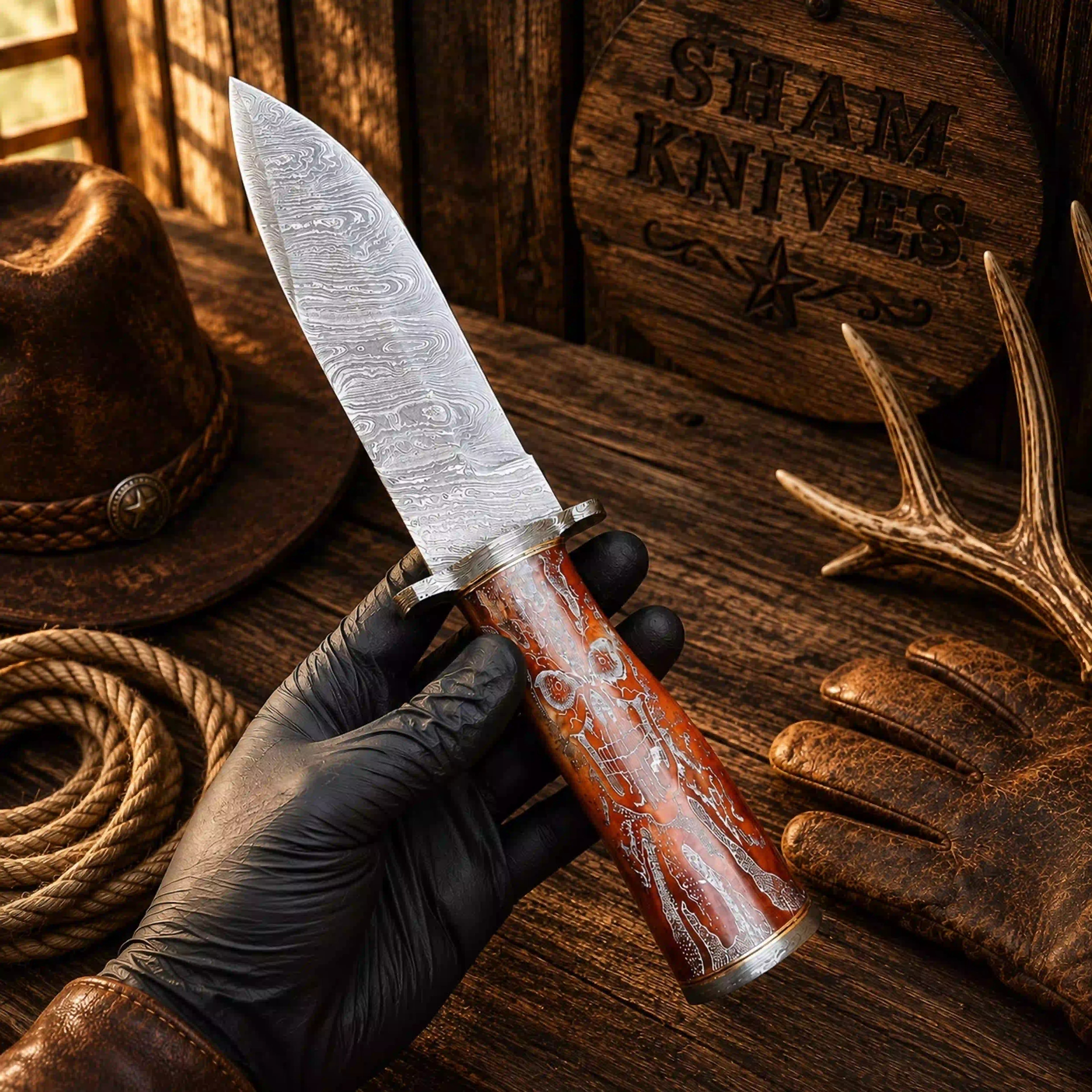 Handmade Bowie featuring an 8-inch patterned Damascus steel blade