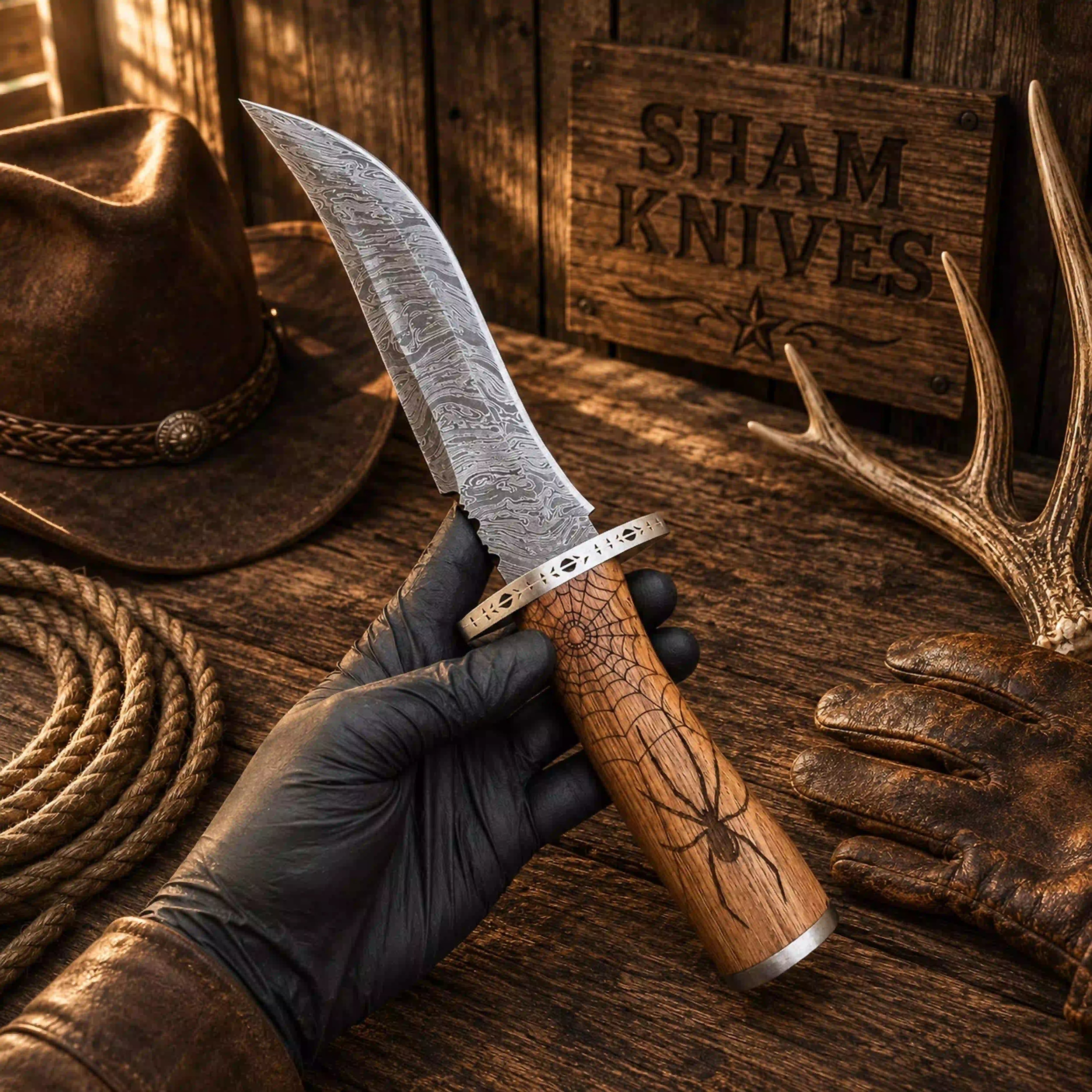 Handmade Damascus Bowie featuring a detailed spider-web engraving
