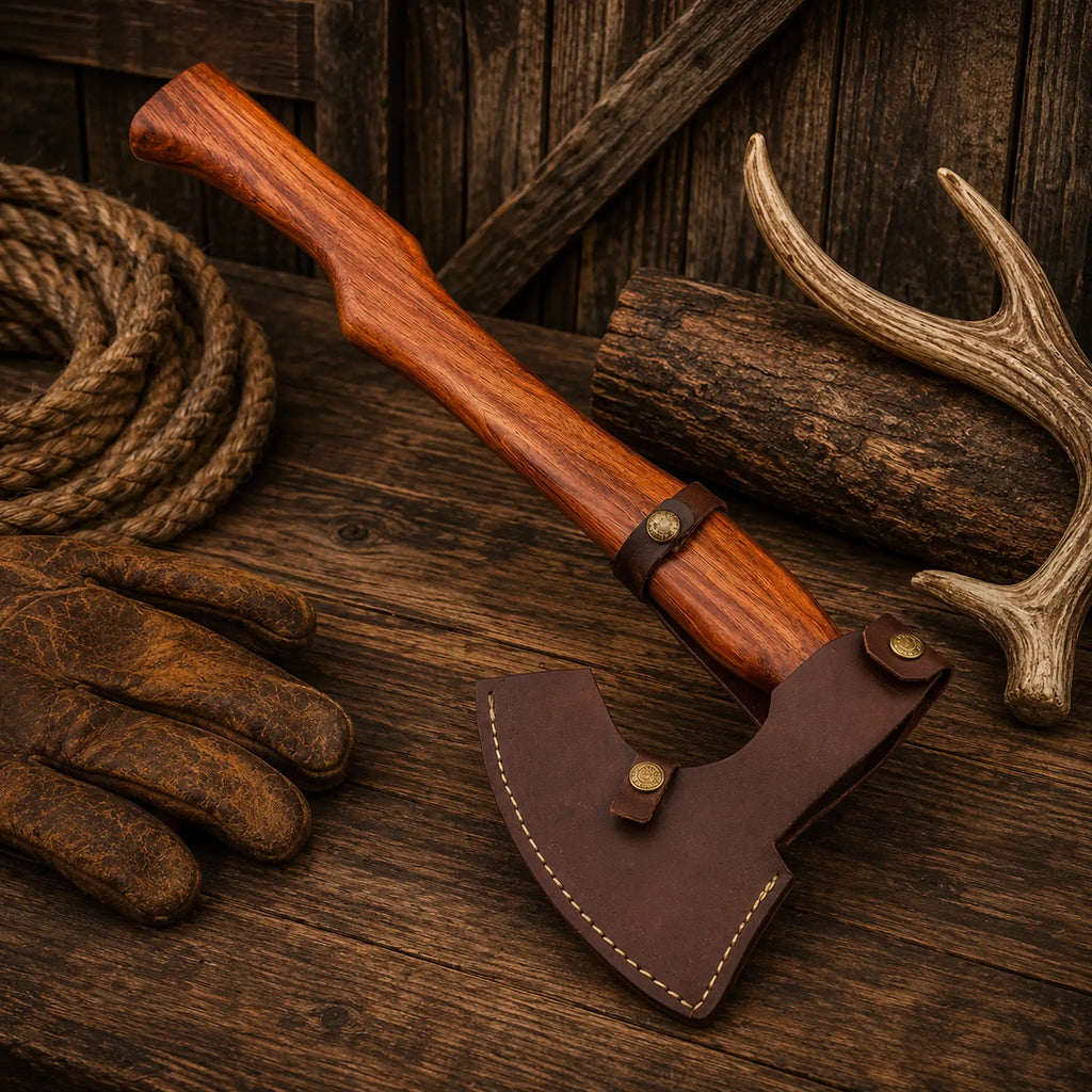 Hand-forged Damascus bushcraft axe with hardwood handle and leather sheath.