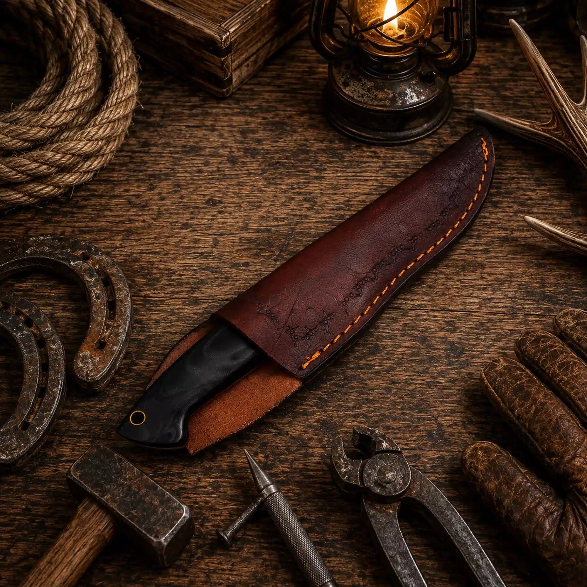 Damascus camping fixed blade with G10 Micarta handle and leather sheath