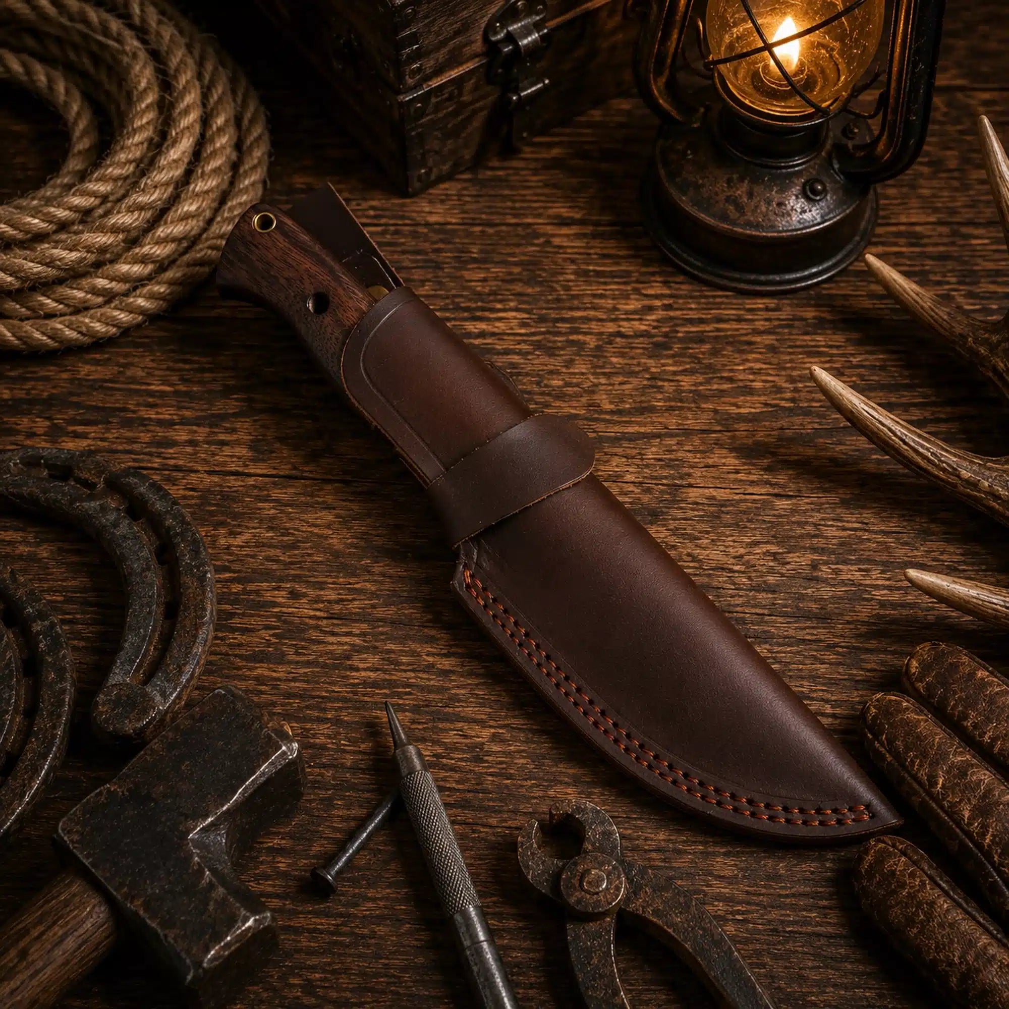 9 inch Damascus fixed blade knife with brown leather belt sheath