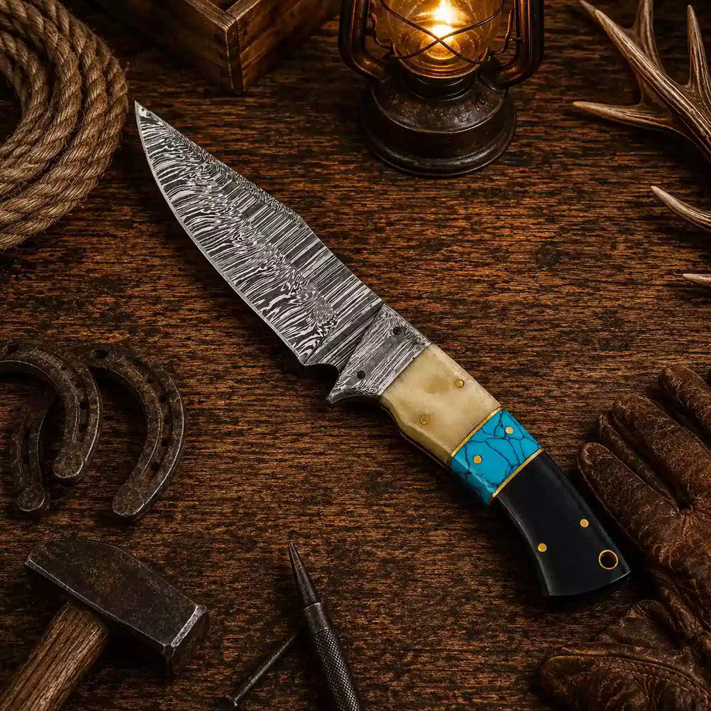 Handmade Damascus camping knife with 5 inch blade and turquoise handle