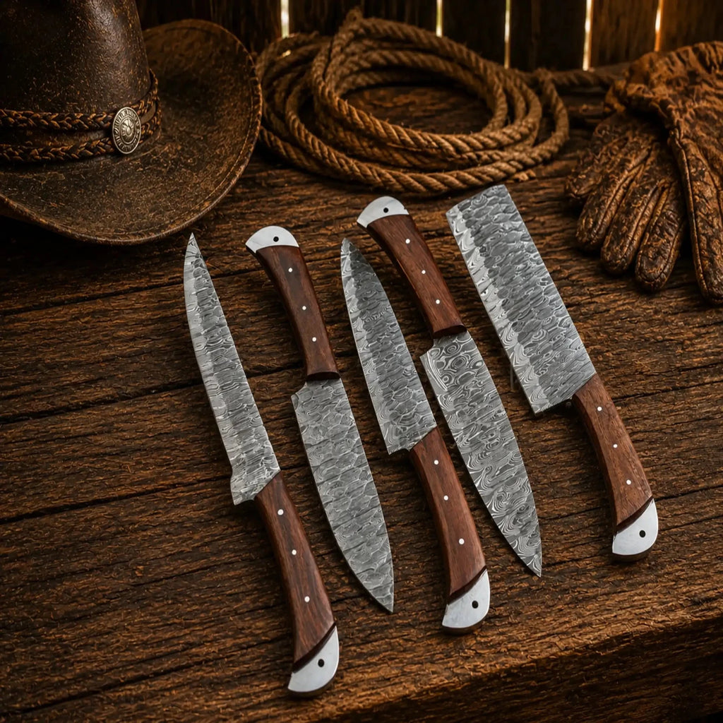 Damascus Chef Knife Set – 5 Piece Rosewood Handle Collection - SHAM KNIVESkitchen knifesSHAM KNIVES5 piece Damascus kitchen knife collection with rosewood grips
