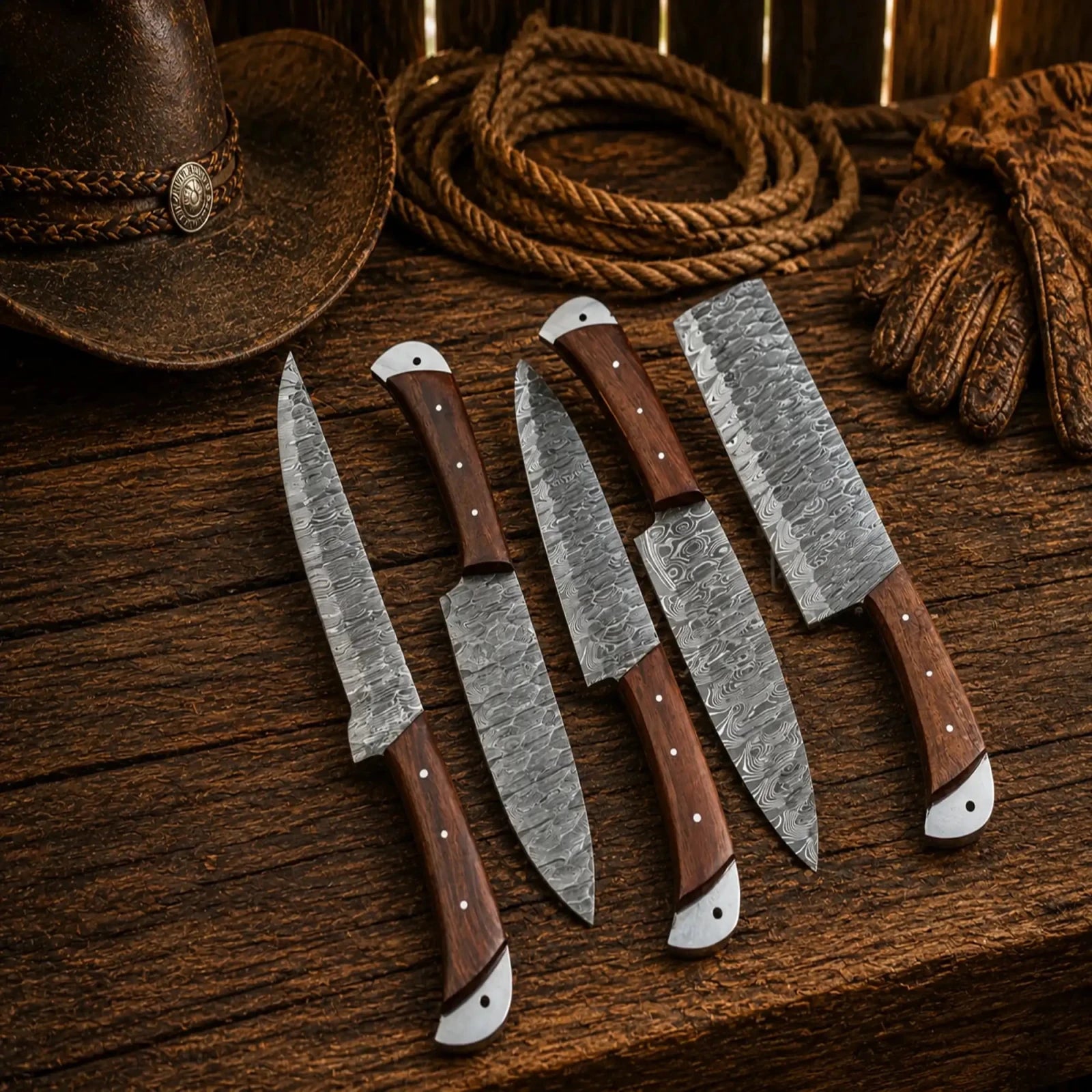 Damascus Chef Knife Set – 5 Piece Rosewood Handle Collection - SHAM KNIVESkitchen knifesSHAM KNIVES5 piece Damascus kitchen knife collection with rosewood grips