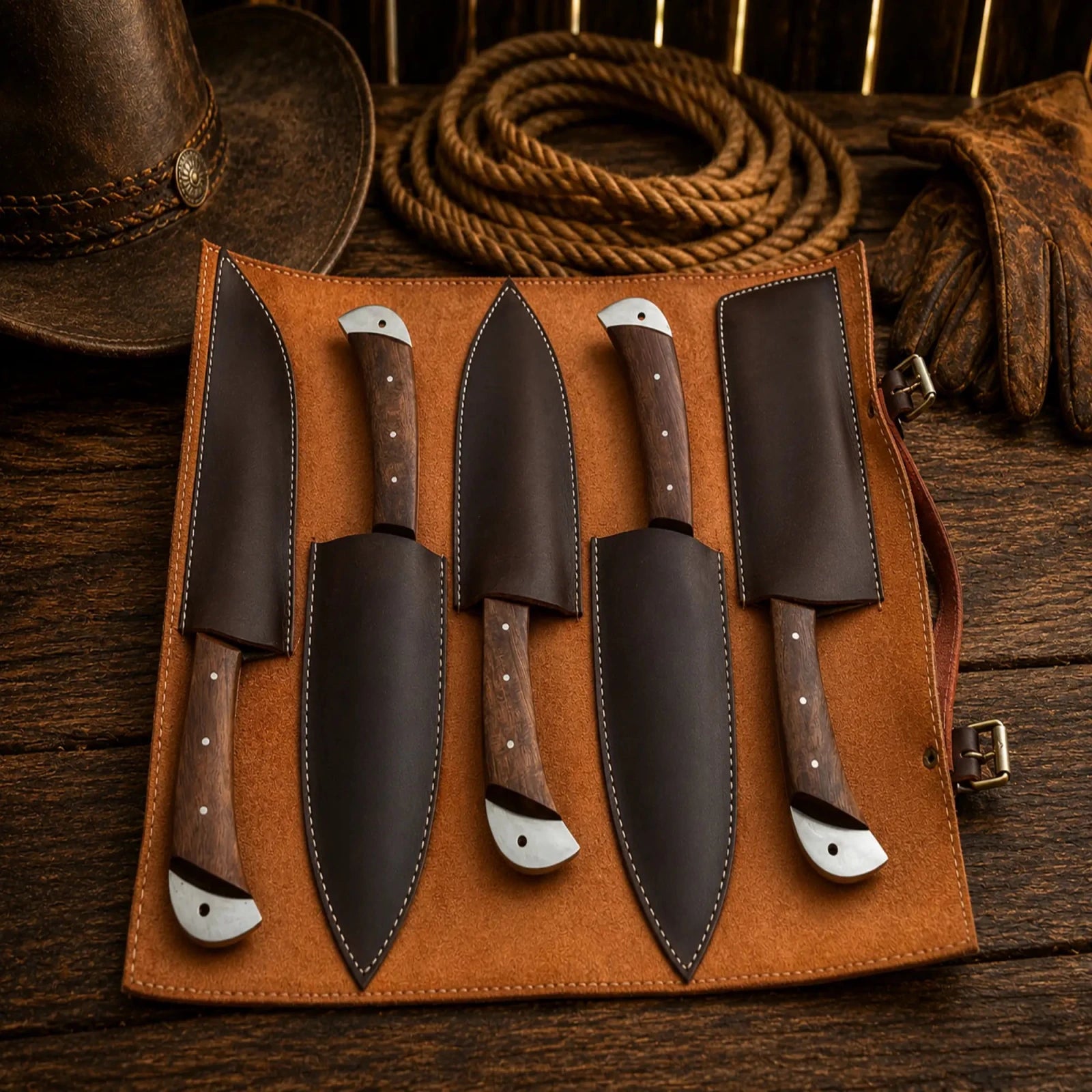Damascus Chef Knife Set – 5 Piece Rosewood Handle Collection - SHAM KNIVESkitchen knifesSHAM KNIVESProfessional kitchen knife set with handmade leather roll