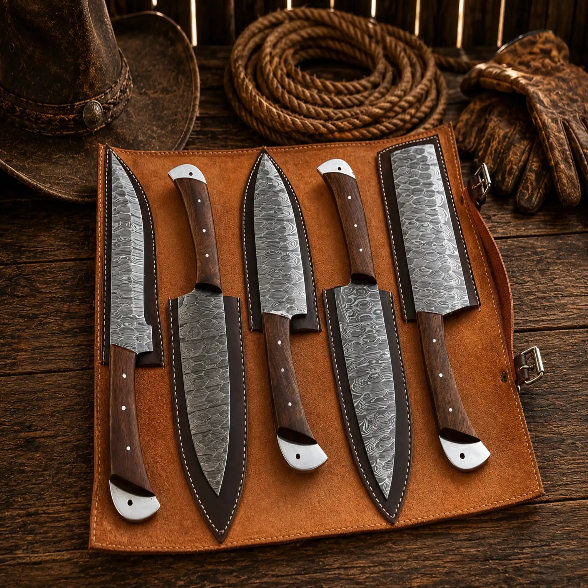 Hand forged Damascus chef knife set with rosewood handles