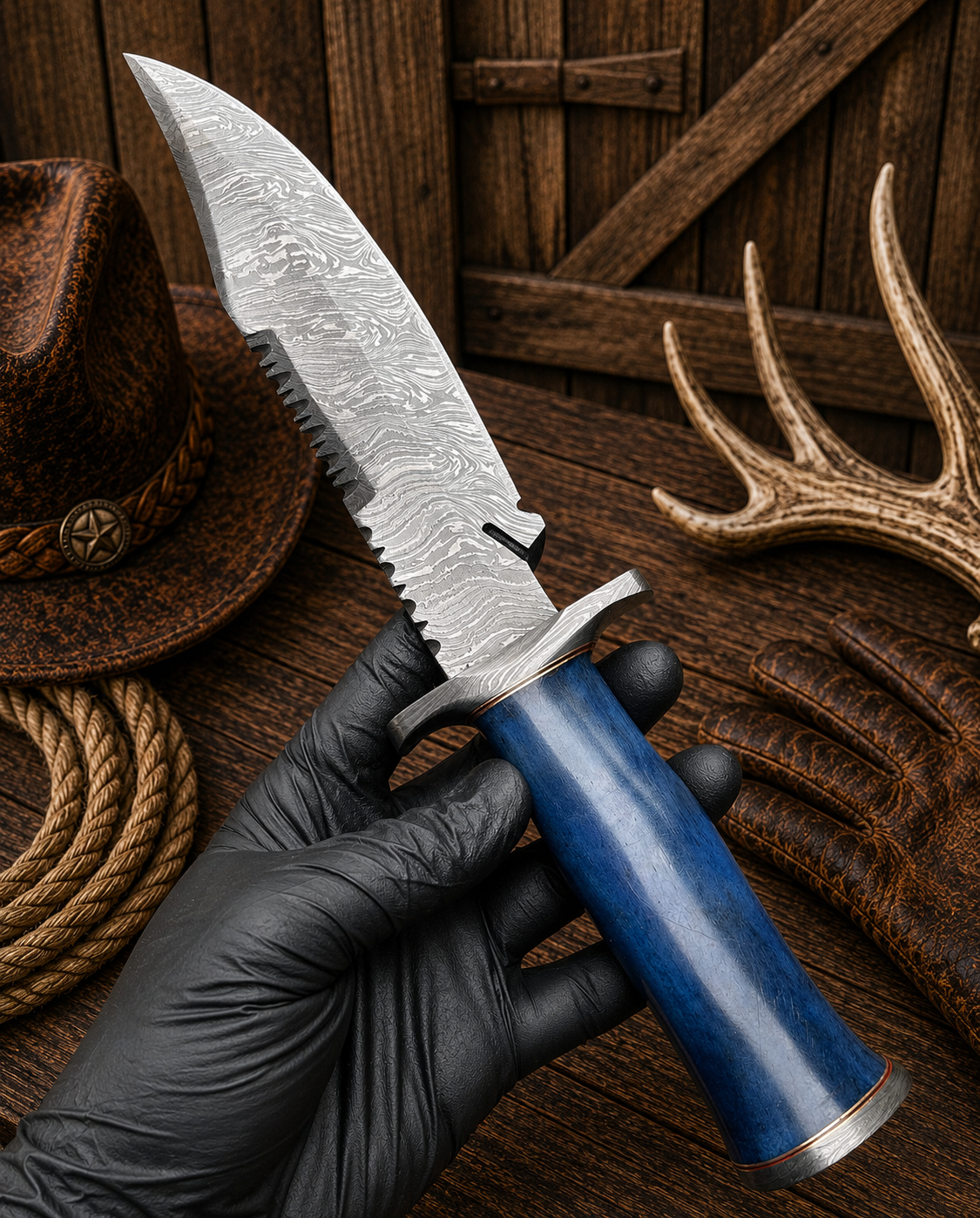Handmade clip-point Bowie featuring an 8-inch patterned steel blade