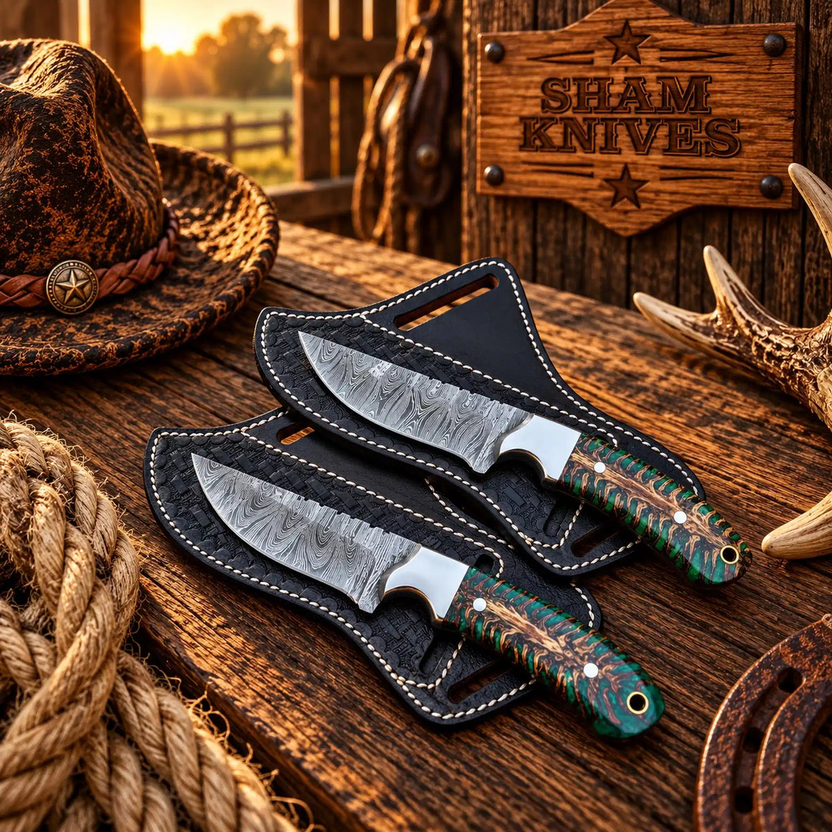 Damascus cowboy Buckaroo knife set with 4-inch patterned steel blades