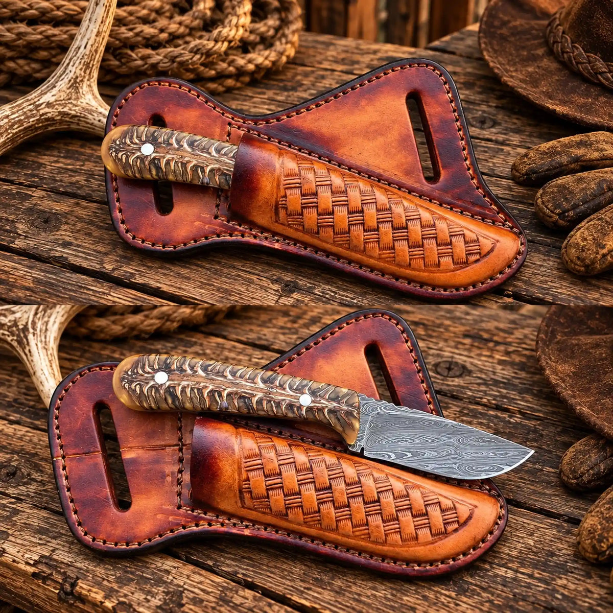  Damascus cowboy knife with handcrafted cross-draw leather pouch