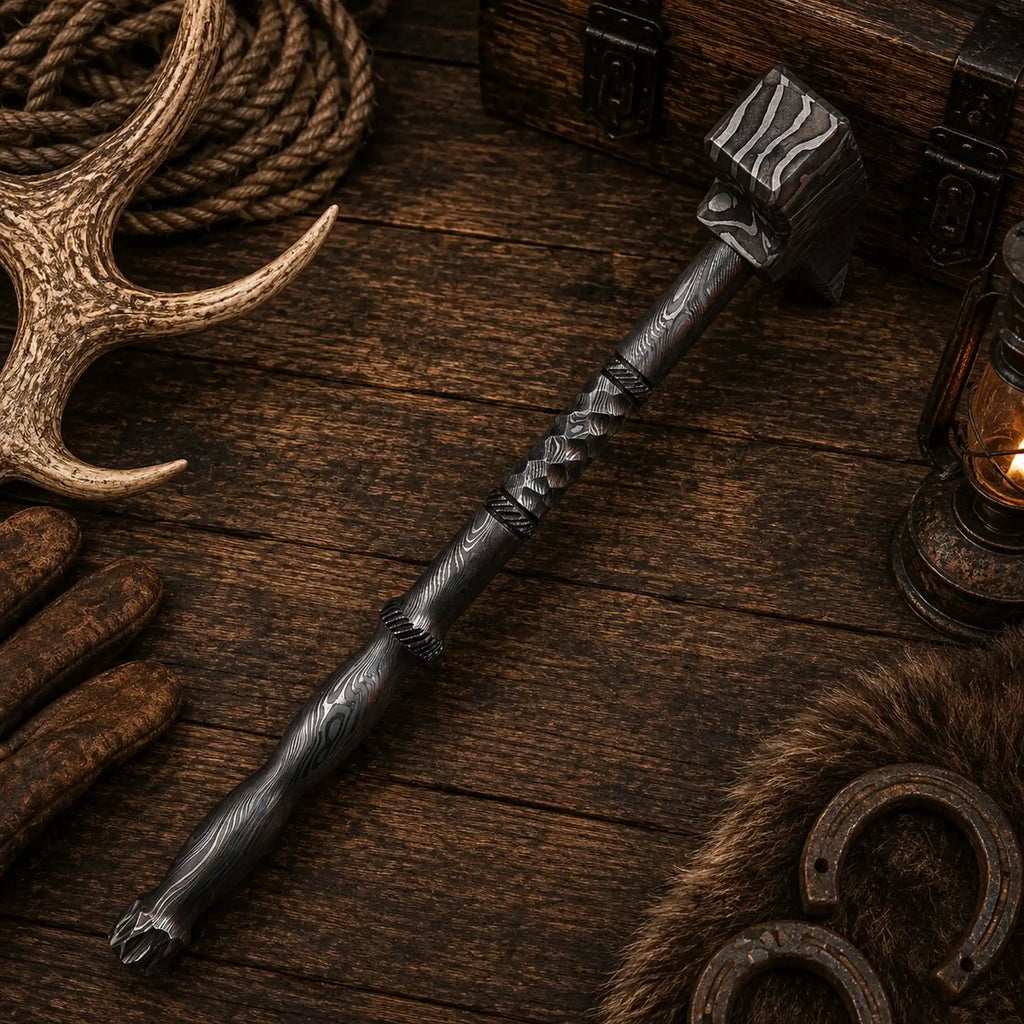 Hand-forged steel hammer with twisted and cross-textured grip sections