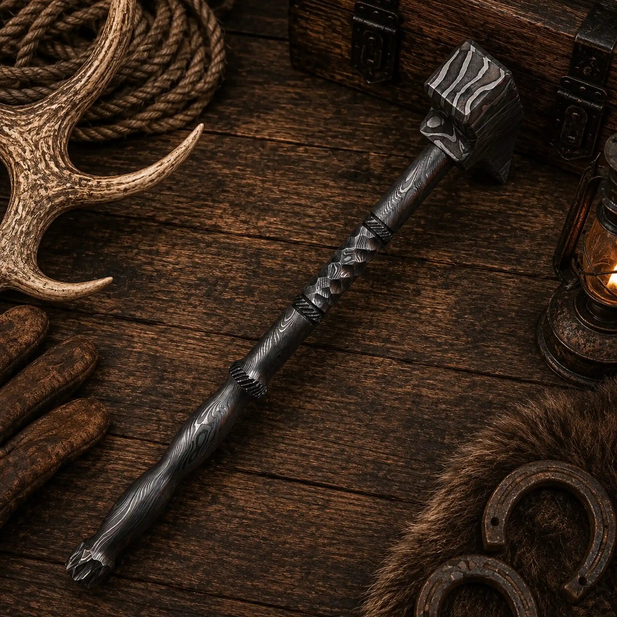 Hand-forged steel hammer with twisted and cross-textured grip sections