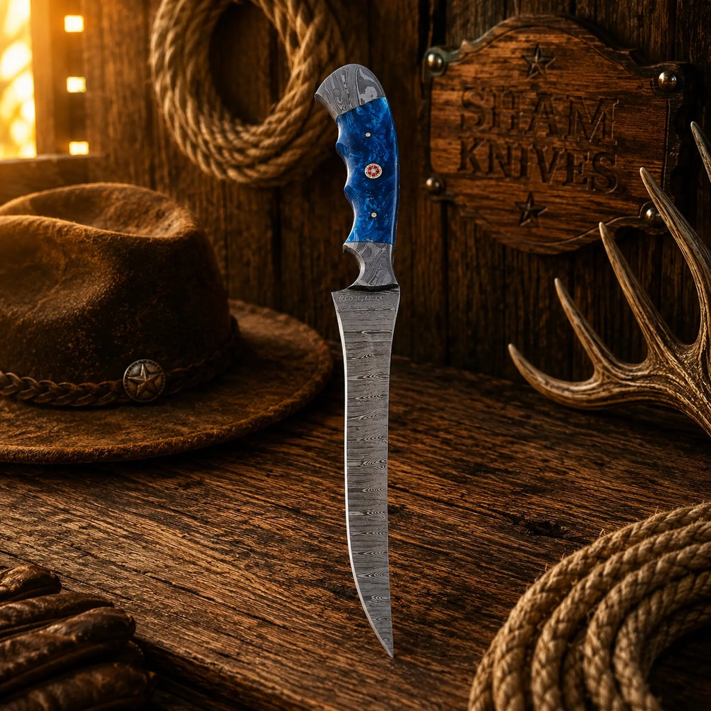 Handmade Damascus fishing knife with blue resin handle and leather sheath