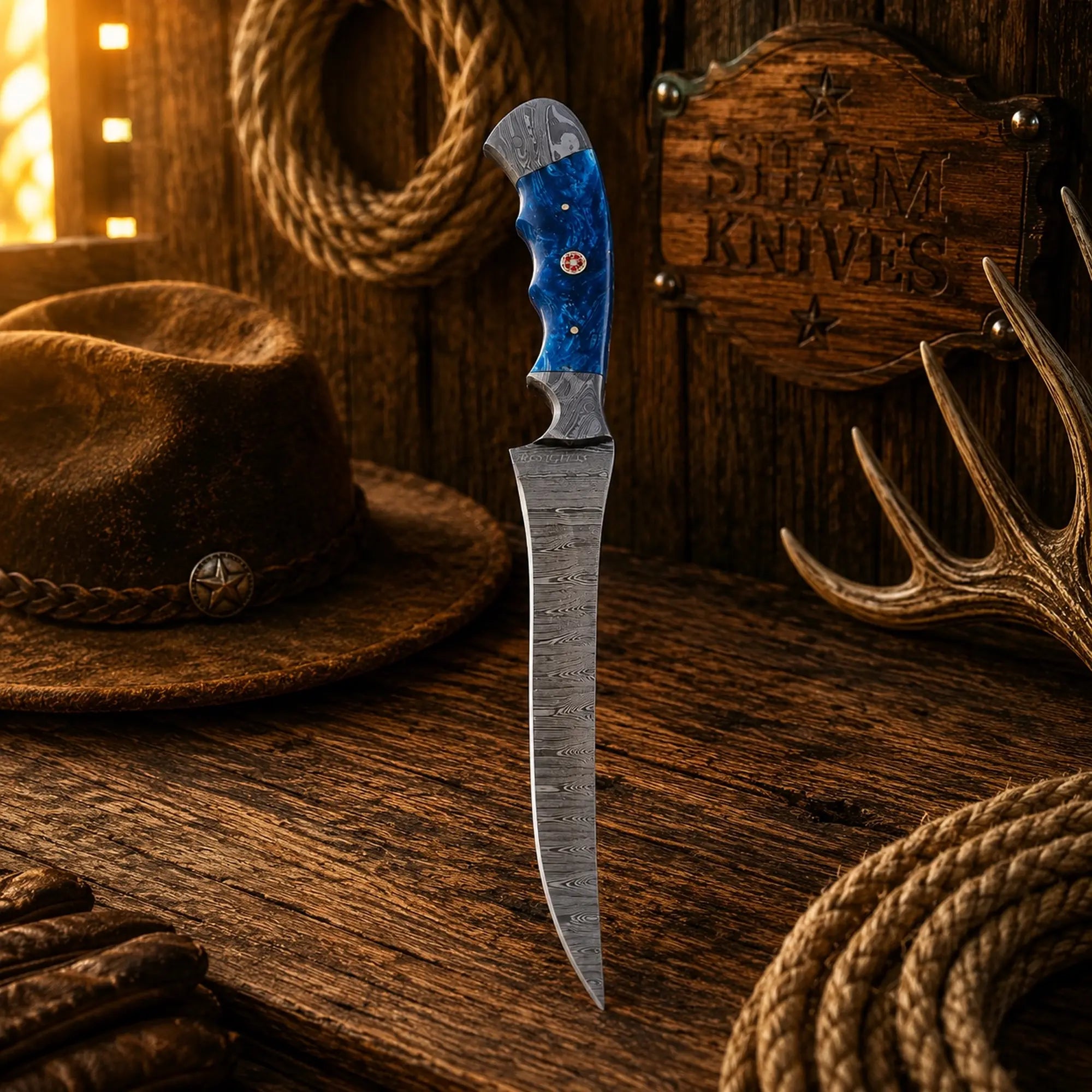 Handmade Damascus fishing knife with blue resin handle and leather sheath
