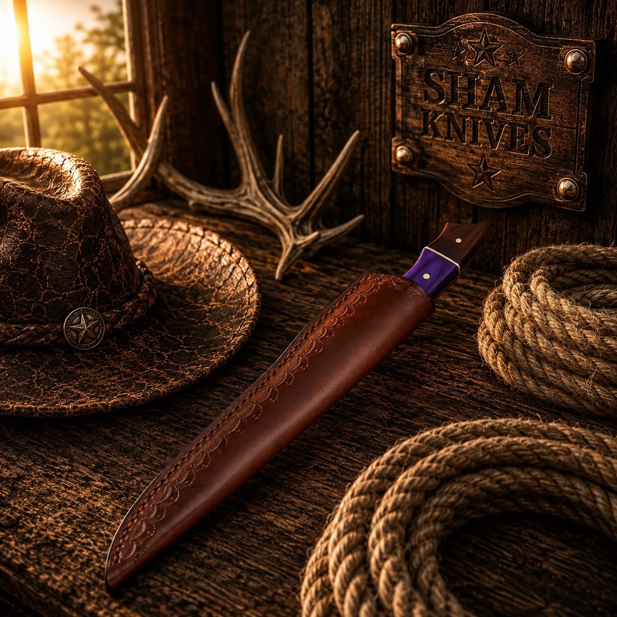 13 inch Damascus fillet knife with purple and brown exotic wood handle
